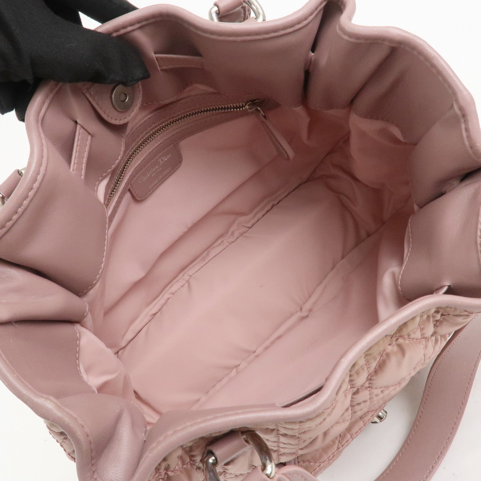 Christian Dior Cannage Nylon Leather Hand Bag Tote Bag Pink