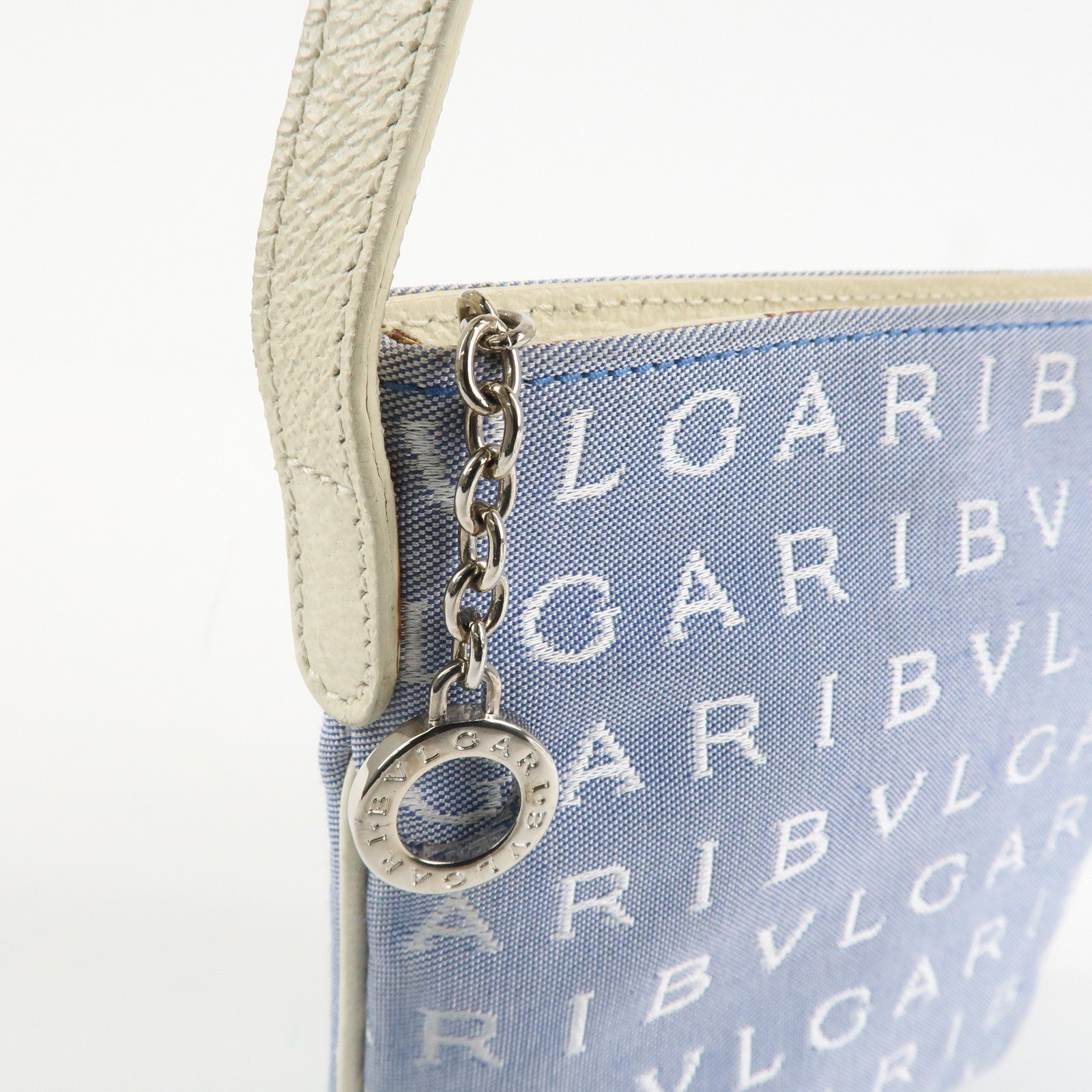 BVLGARI Logo Mania Leather Canvas Shoulder Bag Ivory Light Blue Used