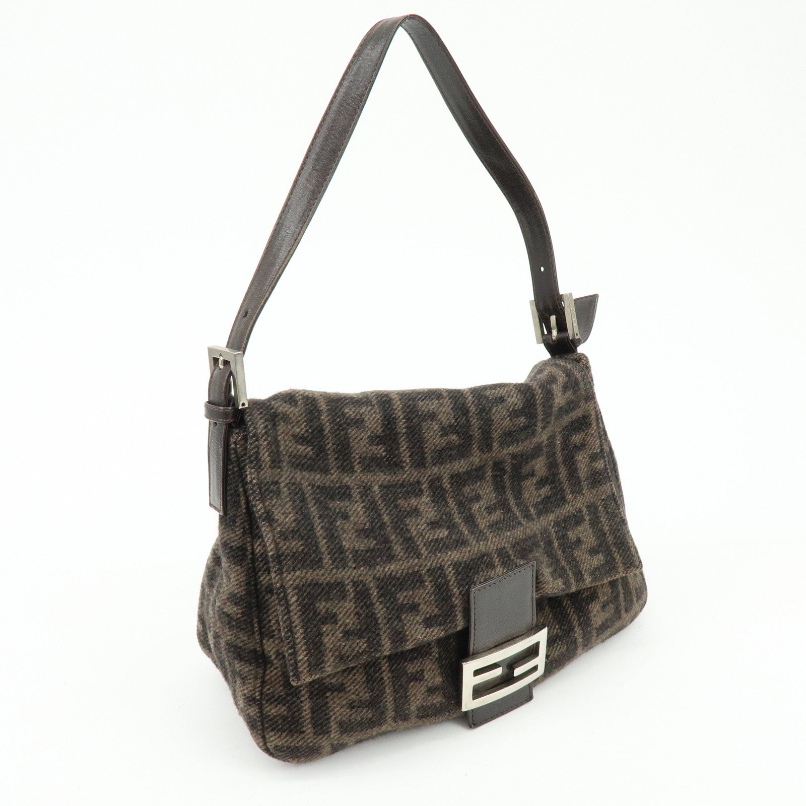 FENDI Mamma Baguette Zucca Wool Leather Shoulder Bag Brown 26325