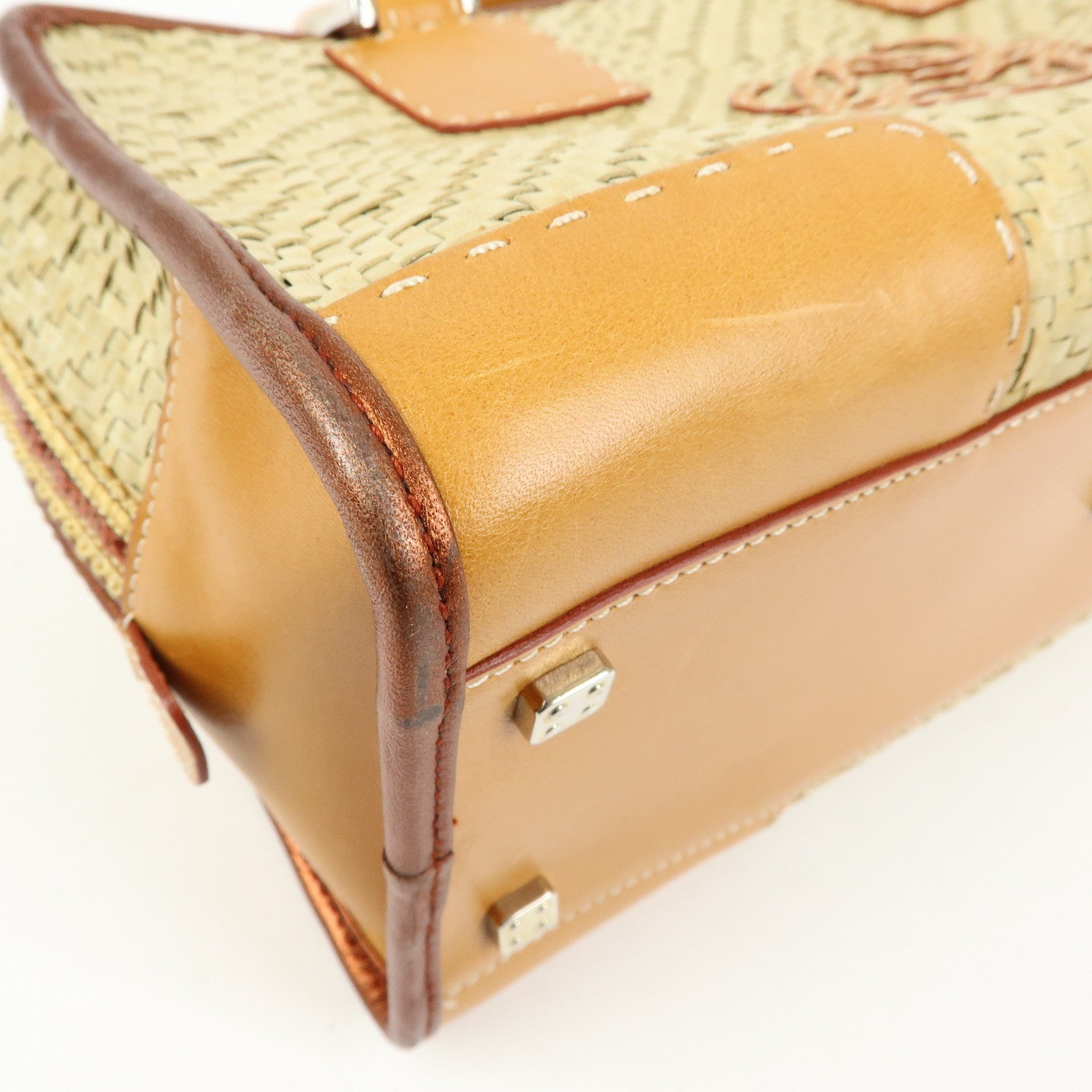 LOEWE Anagram Amazona 28 Raffia Leather Hand Bag Beige Camel