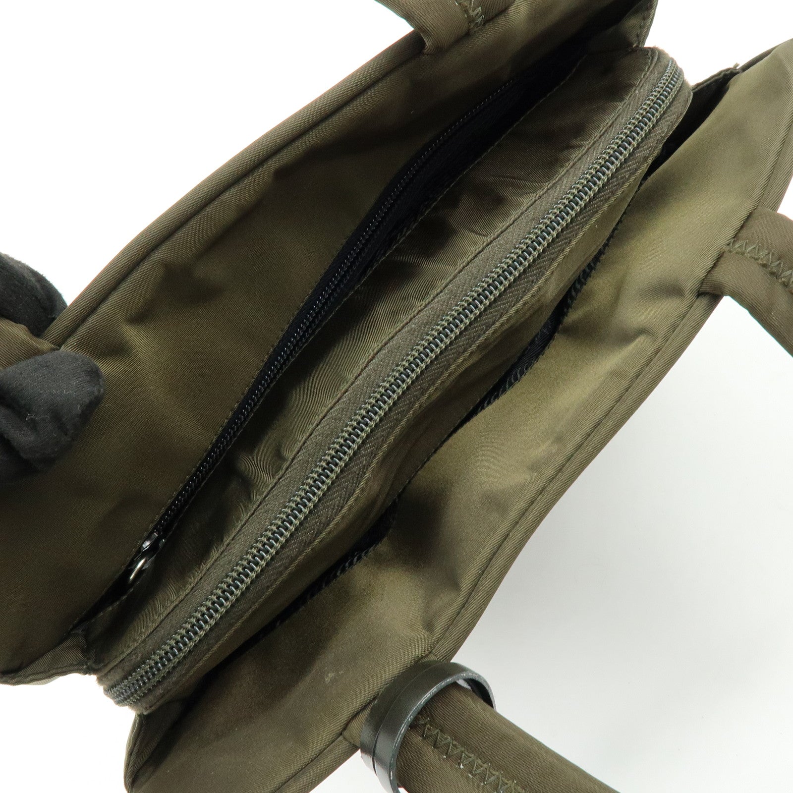 PRADA Triangle Logo Nylon Leather Tote Bag Hand Bag Khaki