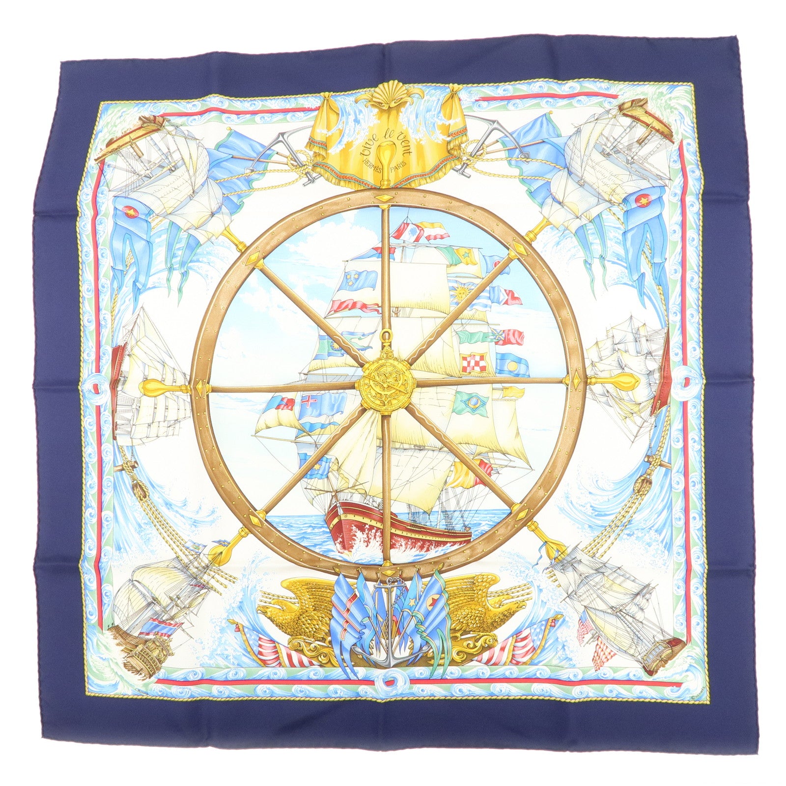HERMES Carre 90 Silk 100% Scarf Vive Le Vent Blue Navy White Used