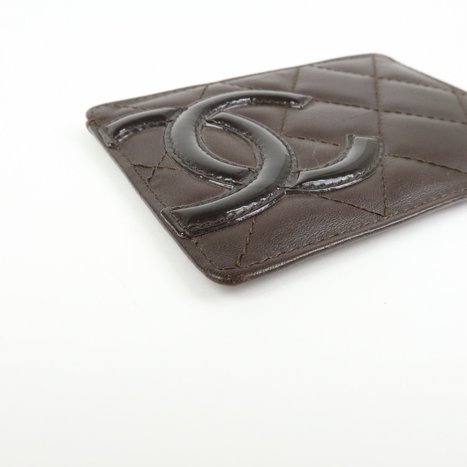 CHANEL Cambon Line COCO Mark Lamb Skin Leather Card Case A26725