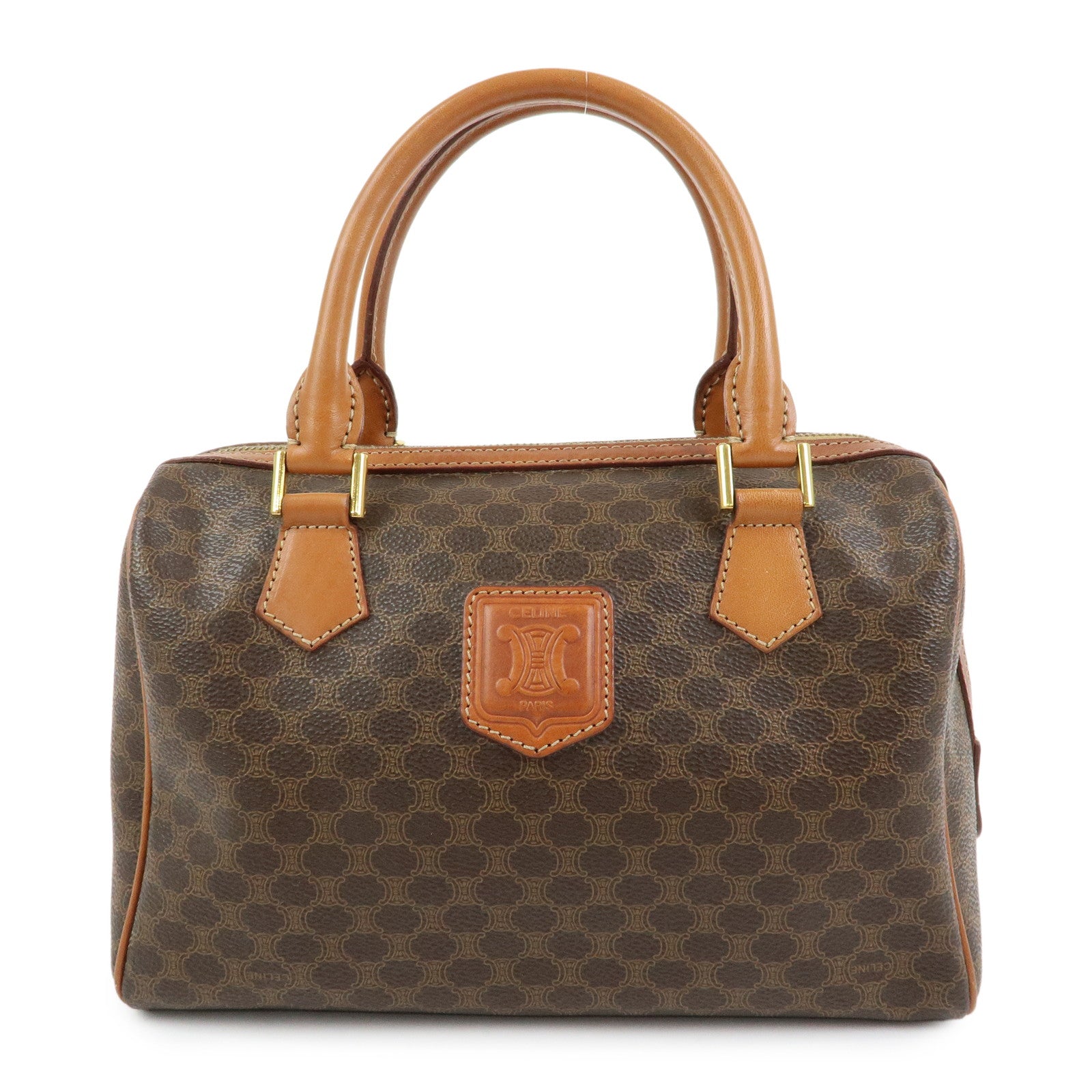 CELINE Logo Macadam PVC Leather Boston Bag Hand Bag Brown