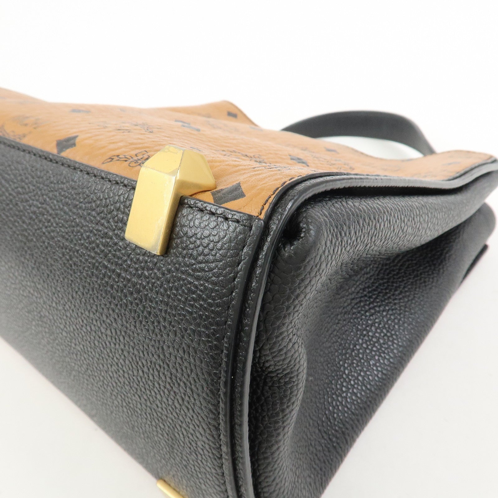 MCM Leather 2Way Bag Hand Bag Shoulder Bag Camel Black