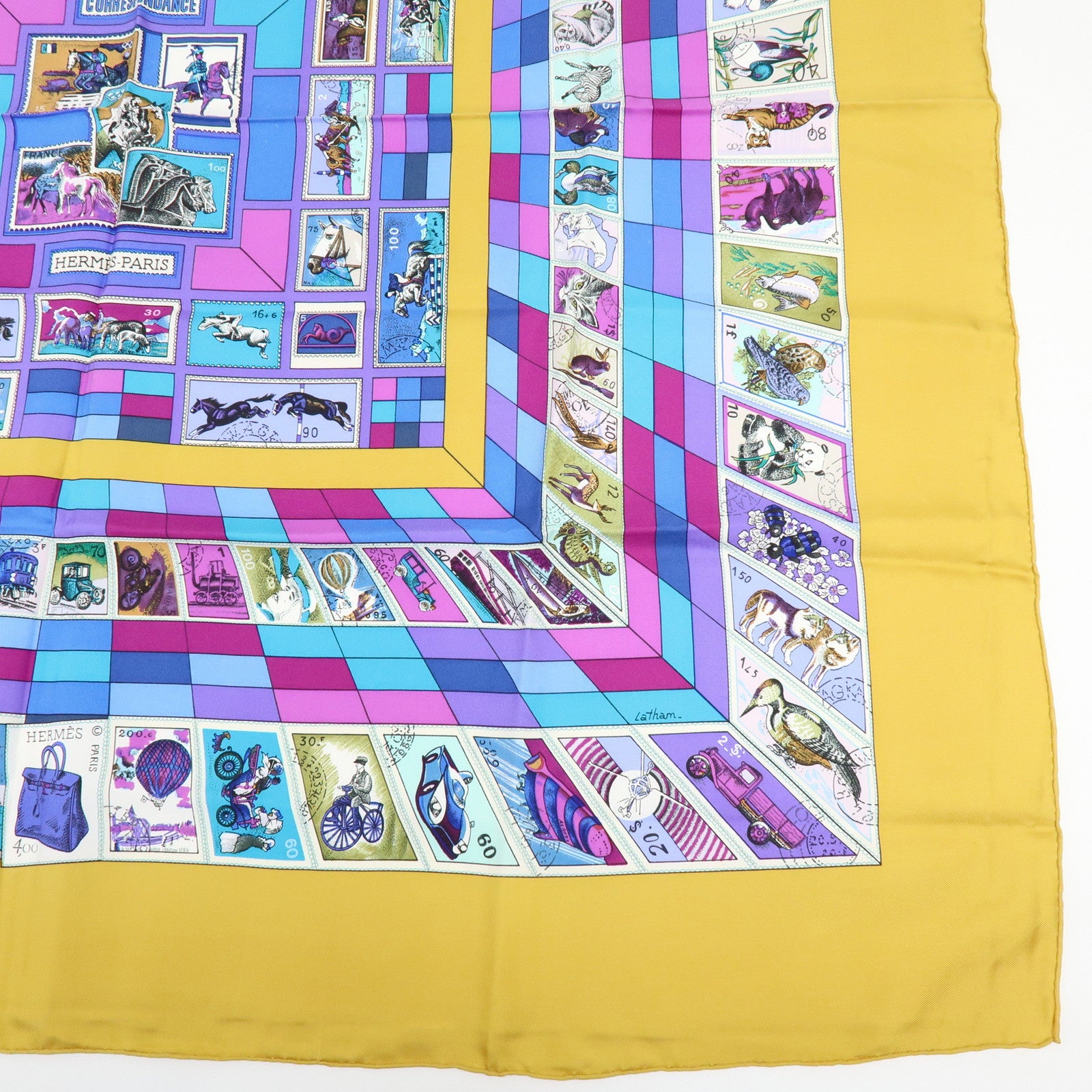 HERMES Carre 90 Silk 100% Scarf CORRESPONDANCE Mustard Purple