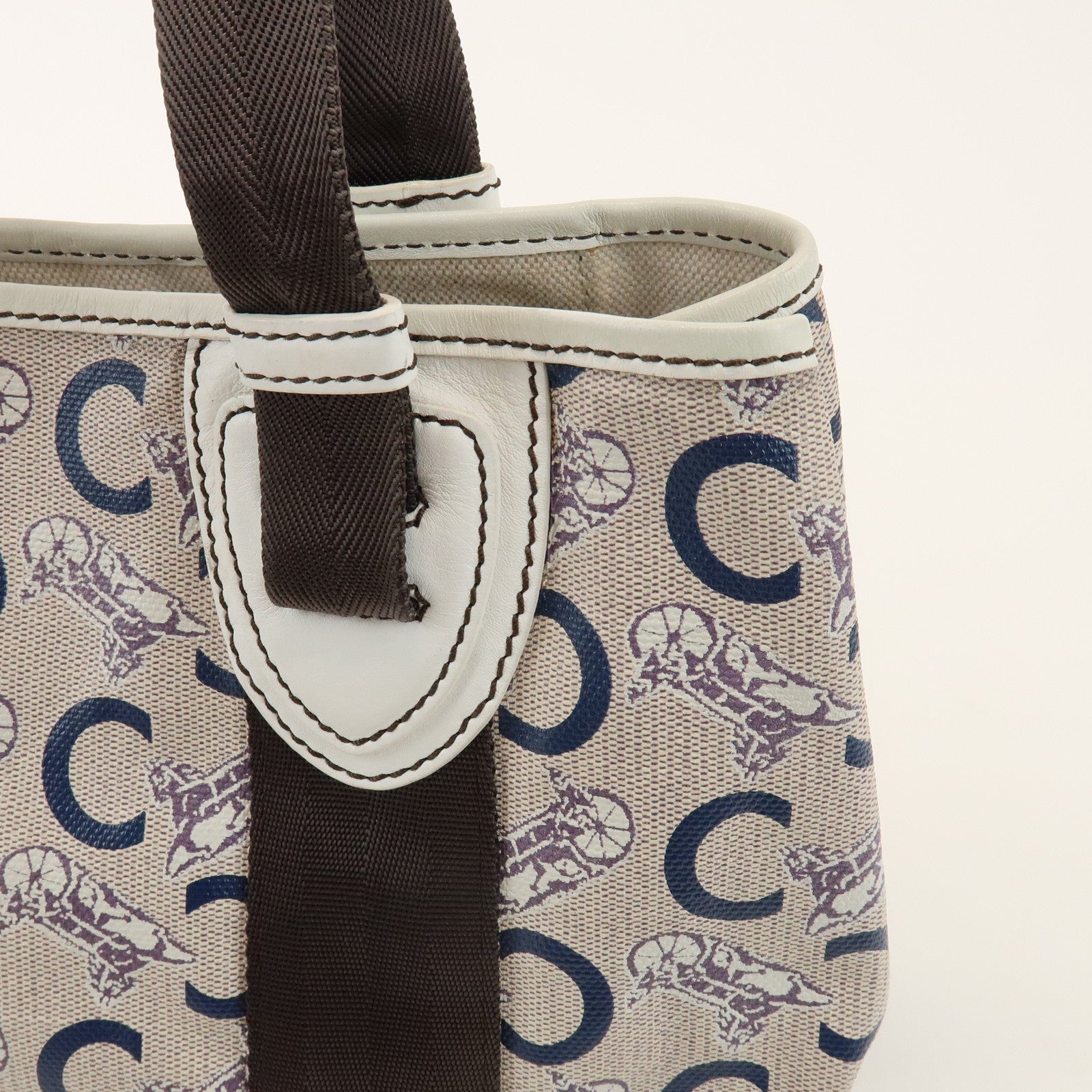 CELINE C Macadam PVC Nylon Leather Tote Bag Hand Bag Brown Beige