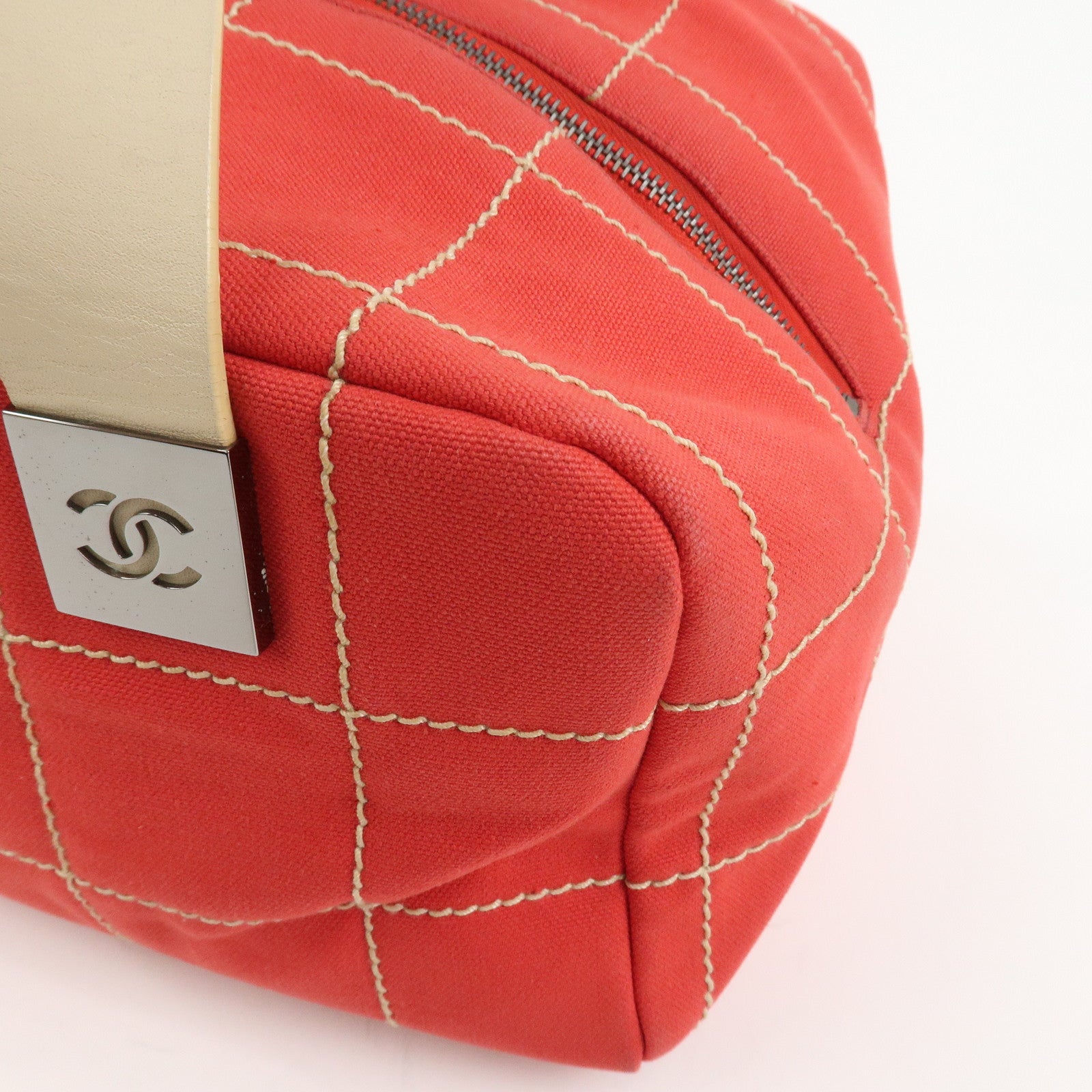 CHANEL Chocolate Bar COCO Mark Canvas Leather Hand Bag Red
