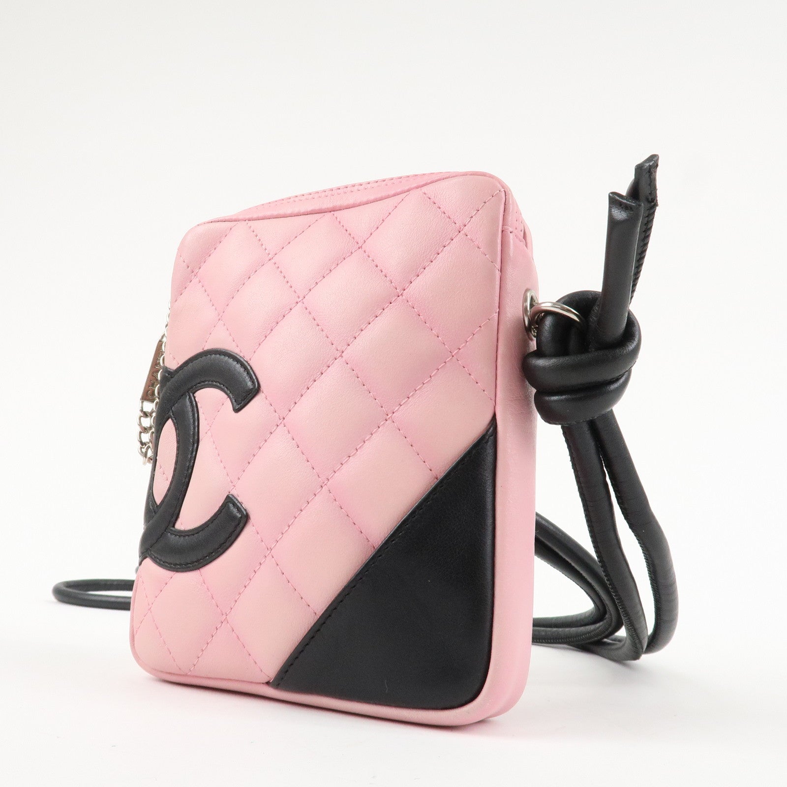 CHANEL Cambon Lamb Skin Small Pochette Shoulder Bag Pink Black A25177 Used