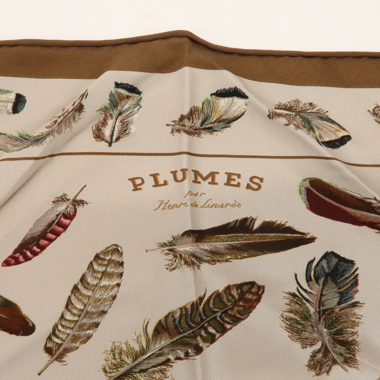 HERMES Pointu Silk 100% Scarf PLUMES Feather Print Brown Beige
