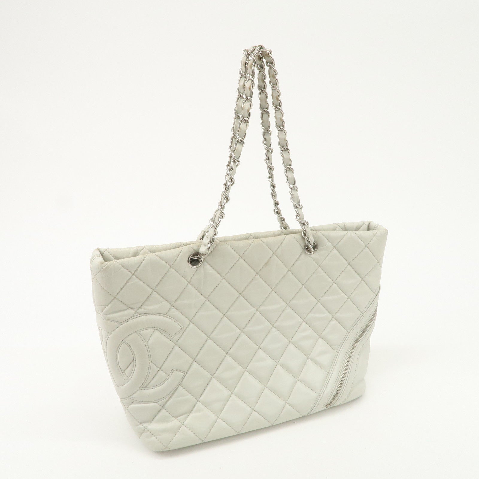 CHANEL Cambon Line Cotton Club Lamb Skin Shoulder Bag Hand Bag White A34318 Used