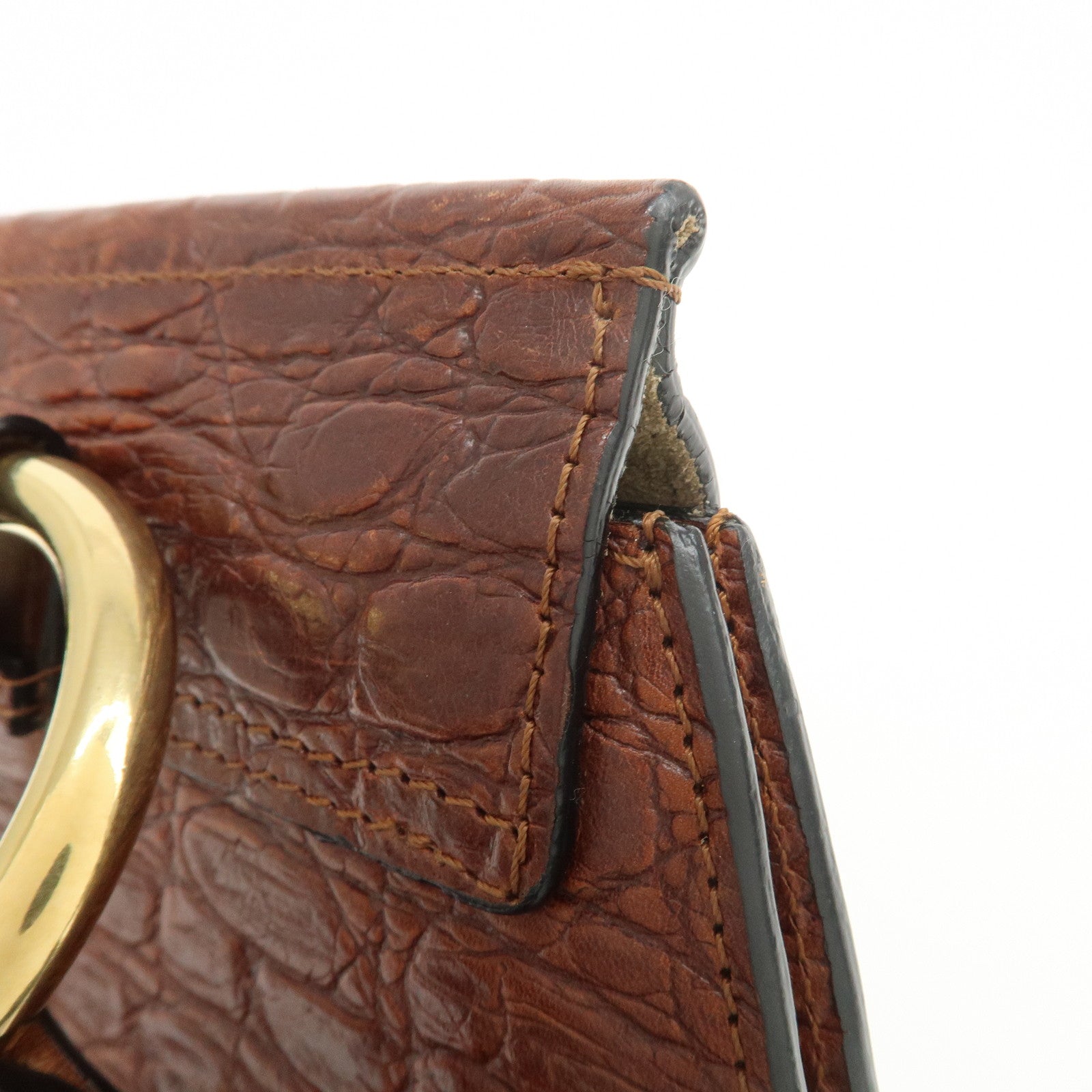 Chloe Logo Embossed Leather Shoulder Bag Hand Bag Brown