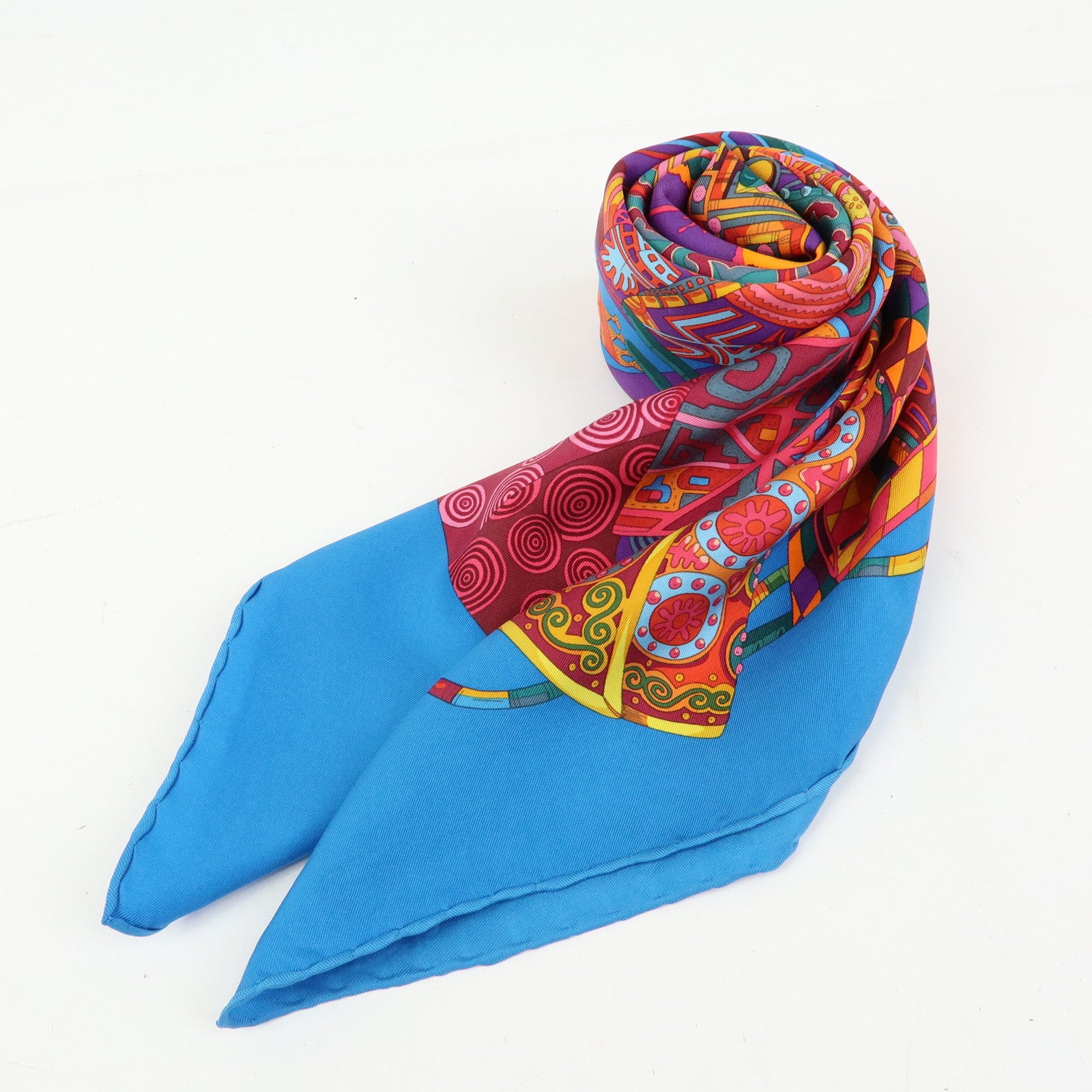 HERMES Carre 90 Silk 100% Scarf VOYAGE EN ETOFFES Blue Orange Pink
