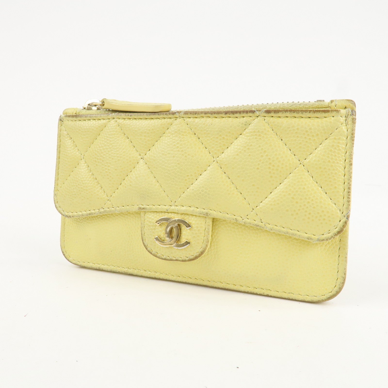 CHANEL Matelasse Caviar Skin Coco Mark Zippy Coin Case Yellow Gold HDW Used