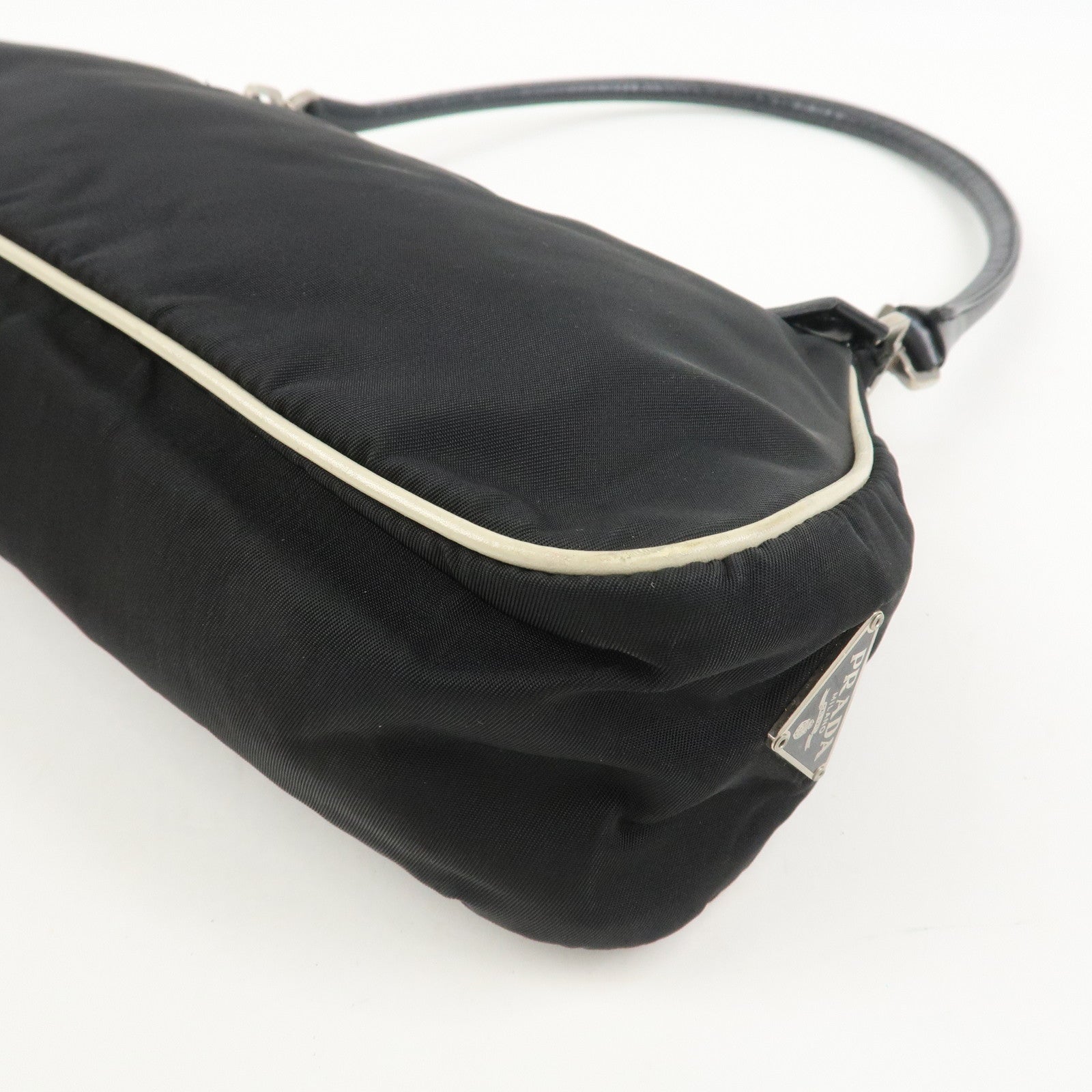 PRADA Nylon Leather Shoulder Bag Hand Bag Flower Motif Black