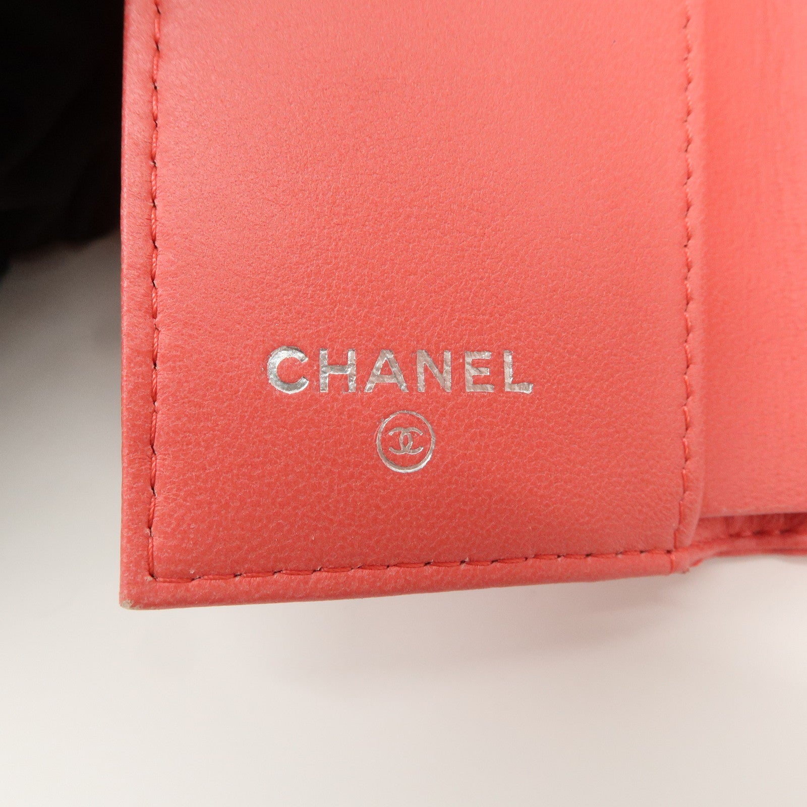 CHANEL Matelasse Lamb Skin Tri-fold Compact Wallet Coral AP0094