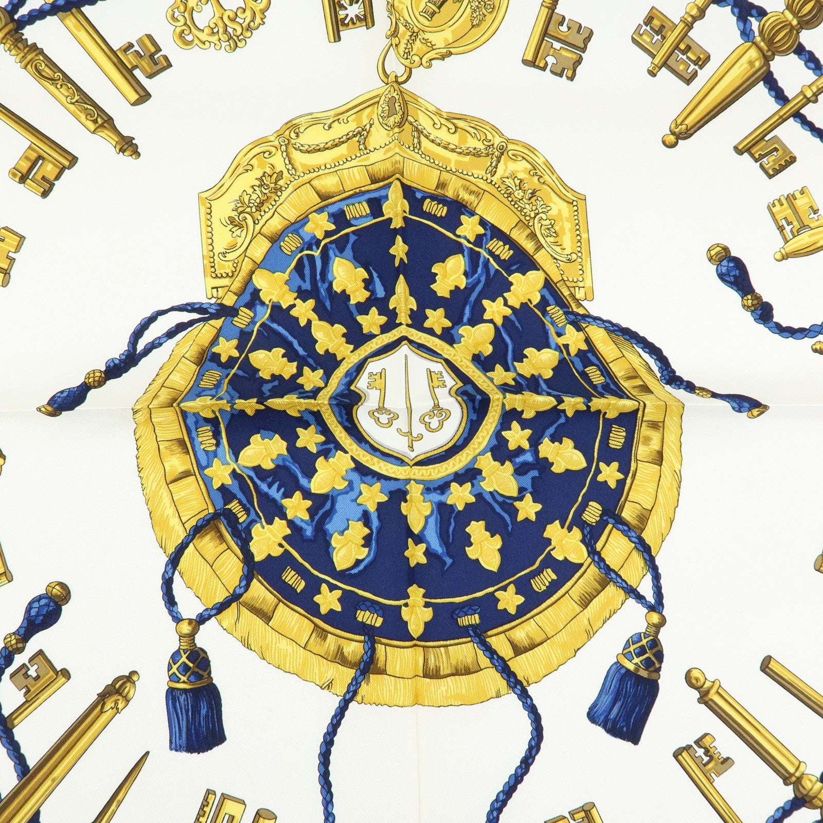 HERMES Carre 90 Silk 100% Scarf LES CLES THE KEYS RARE Navy Gold