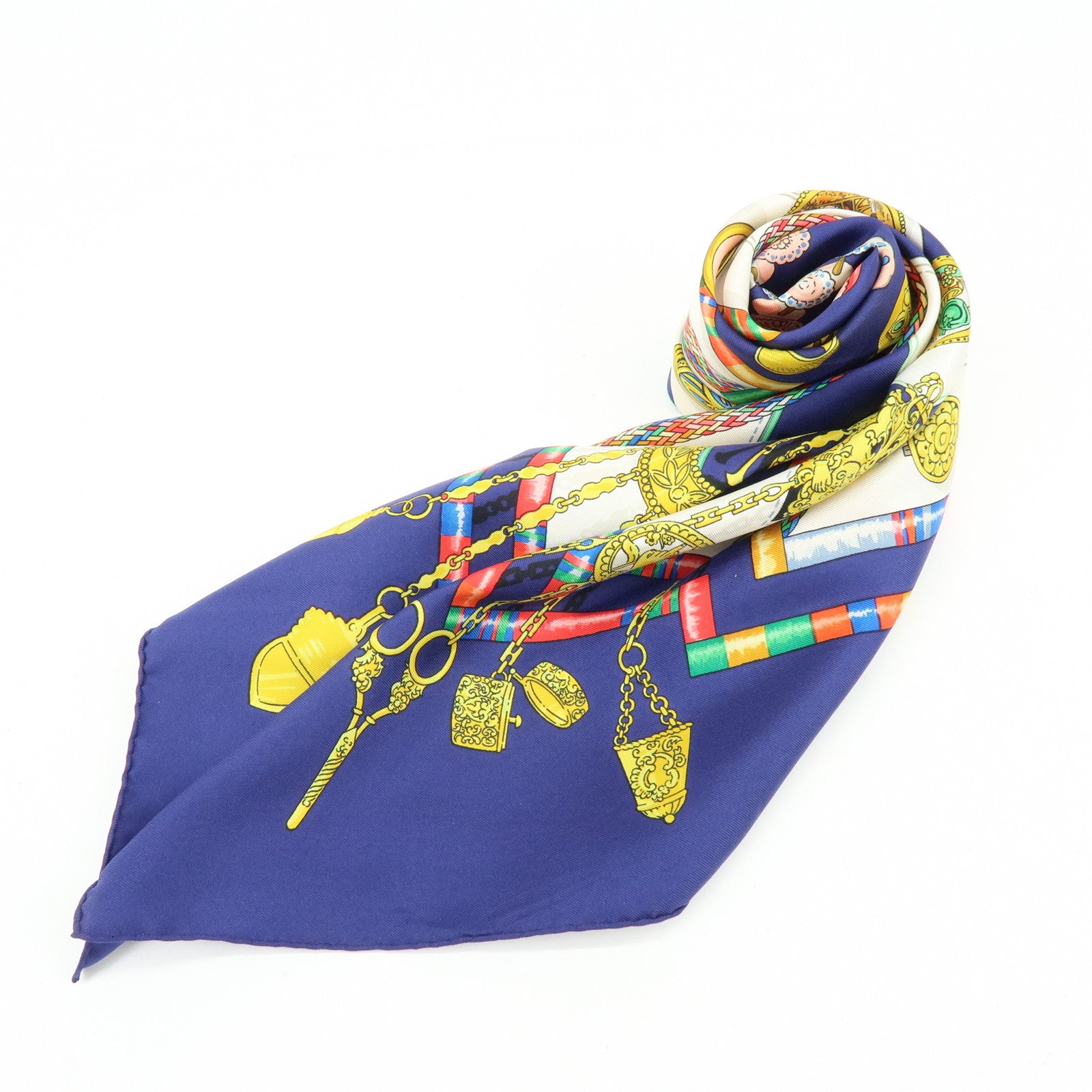 HERMES Carre 90 Silk 100% Scarf Petite Main Navy Multicolor