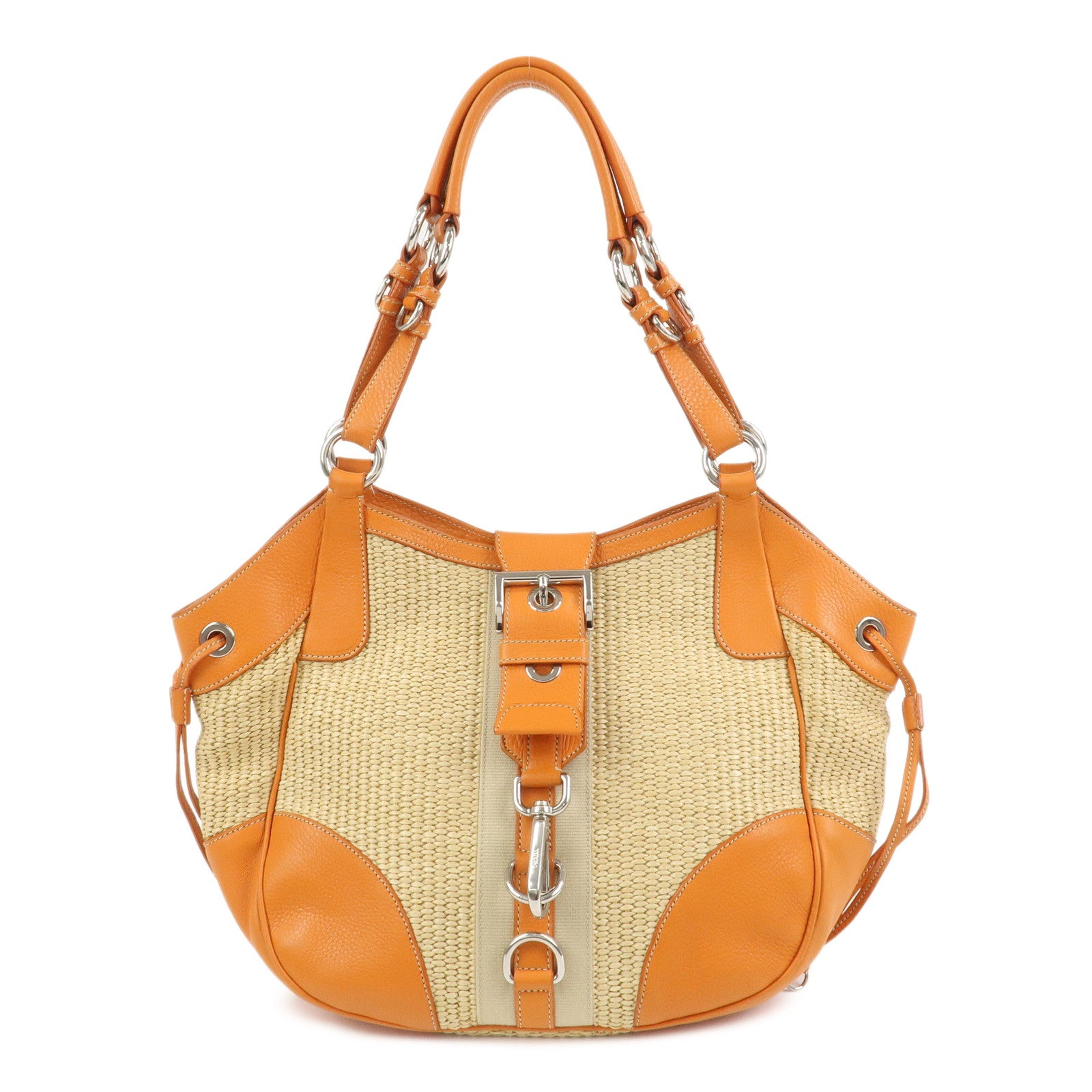PRADA Logo Raffia Leather Shoulder Bag Hand Bag Orange BR2923