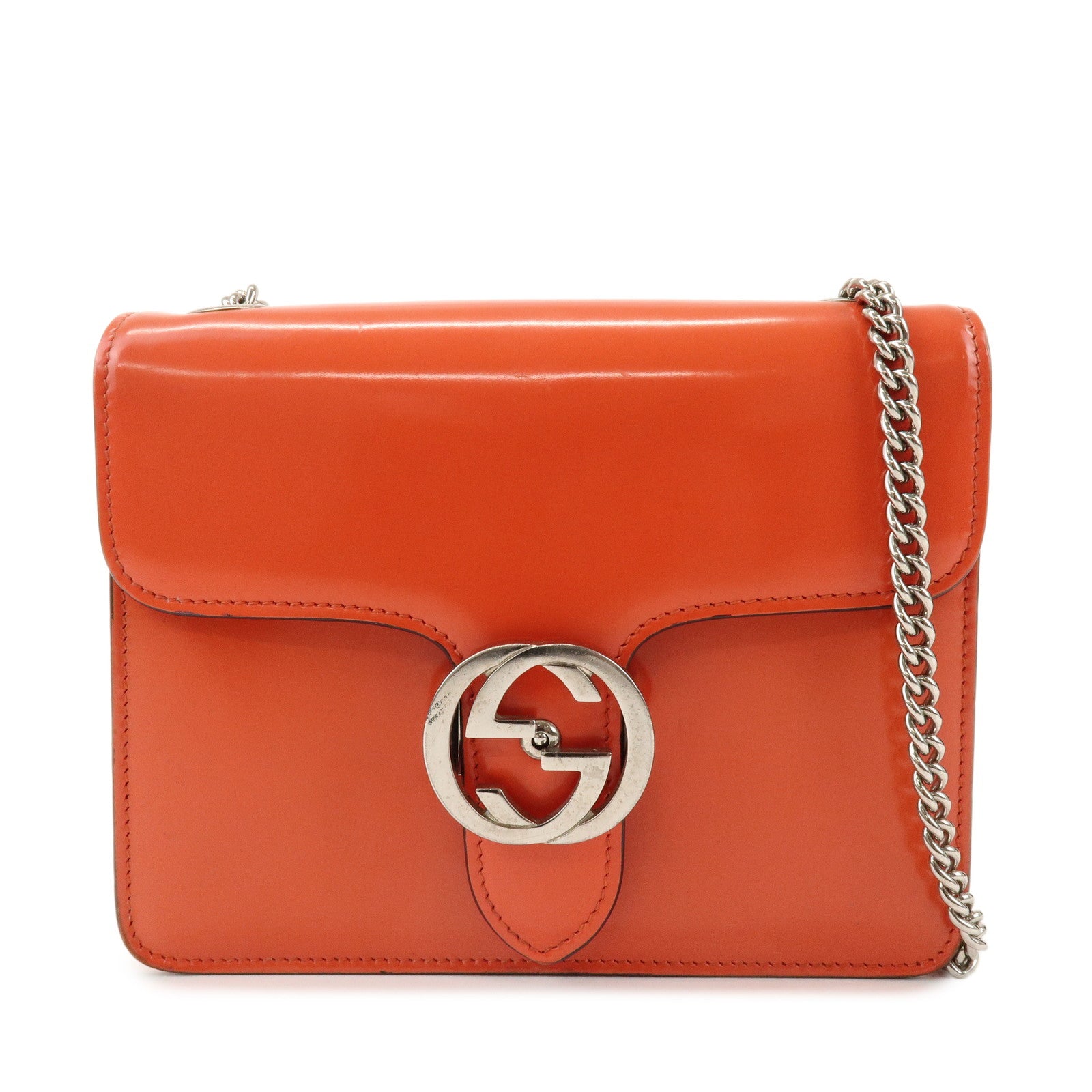 GUCCI Interlocking G Patent Leather Chain ShoulderBag Orange 387609
