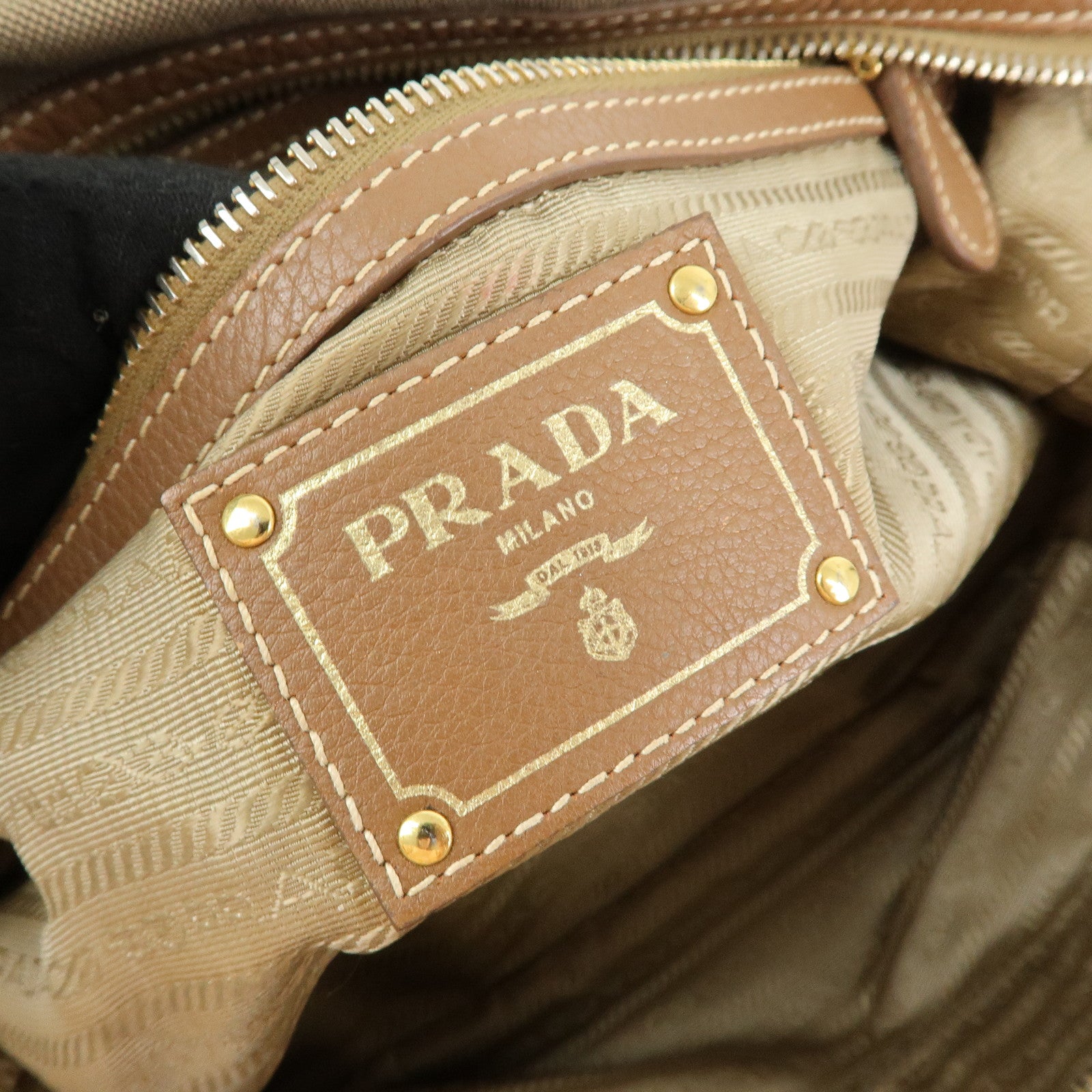 PRADA Logo Canvas Leather Boston Bag Hand Bag Beige Brown BL0600