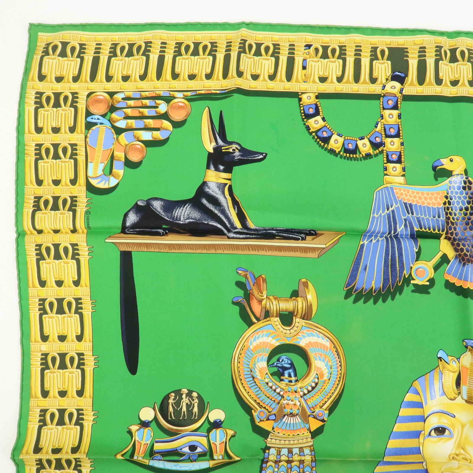 HERMES Carre 90 Silk 100% Scarf TUTANKHAMUN Green Gold
