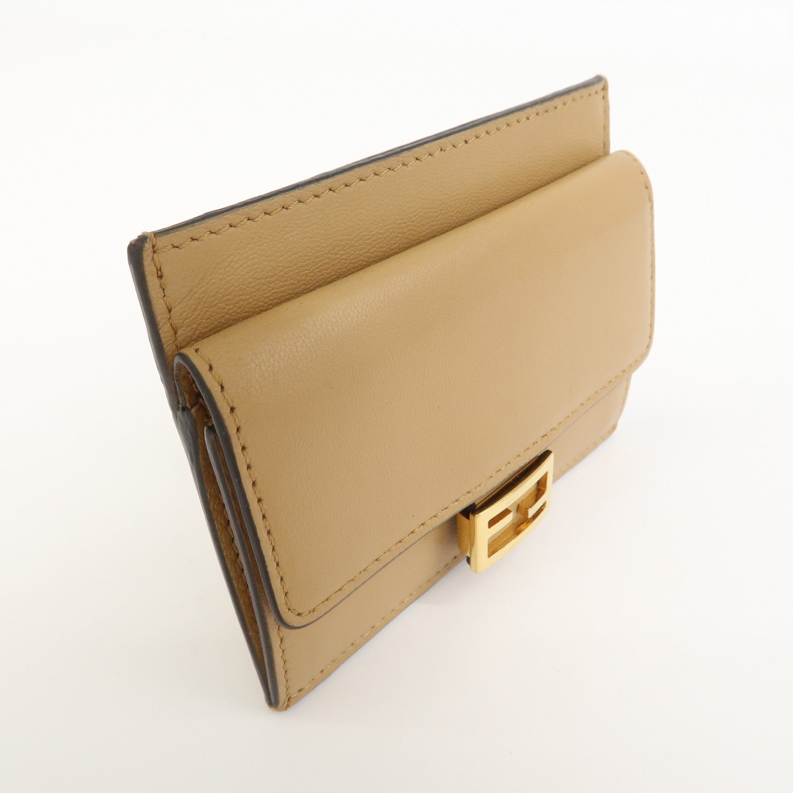 FENDI Zucca Baguette Leather Card Case Light Brown