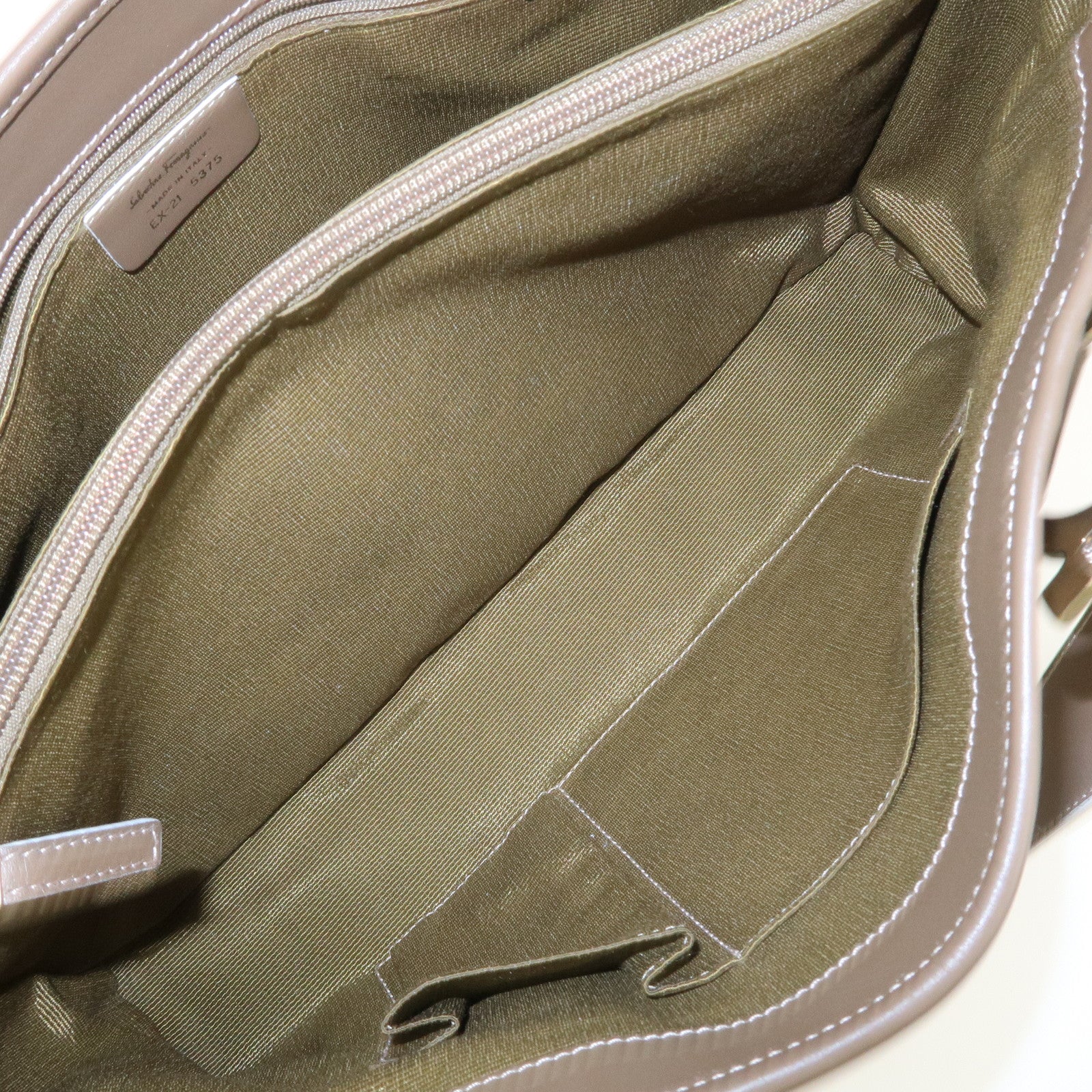 Ferragamo Gancini Canvas Leather Tote Bag Shoulder Bag Beige Brown