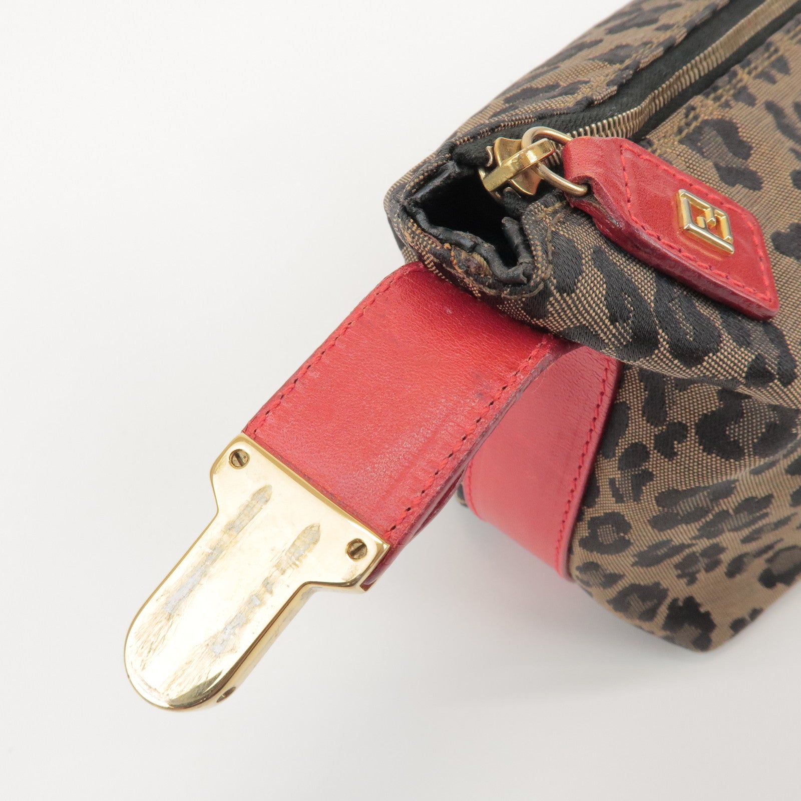 FENDI Canvas Leather Leopard Hand Bag Cosmetic Pouch Brown 26360