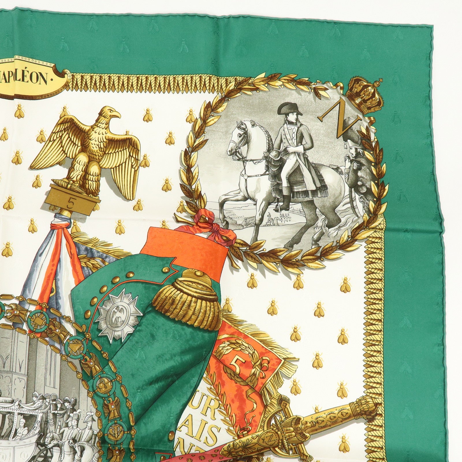 HERMES Carre 90 Silk 100% Scarf NAPOLEON Green White