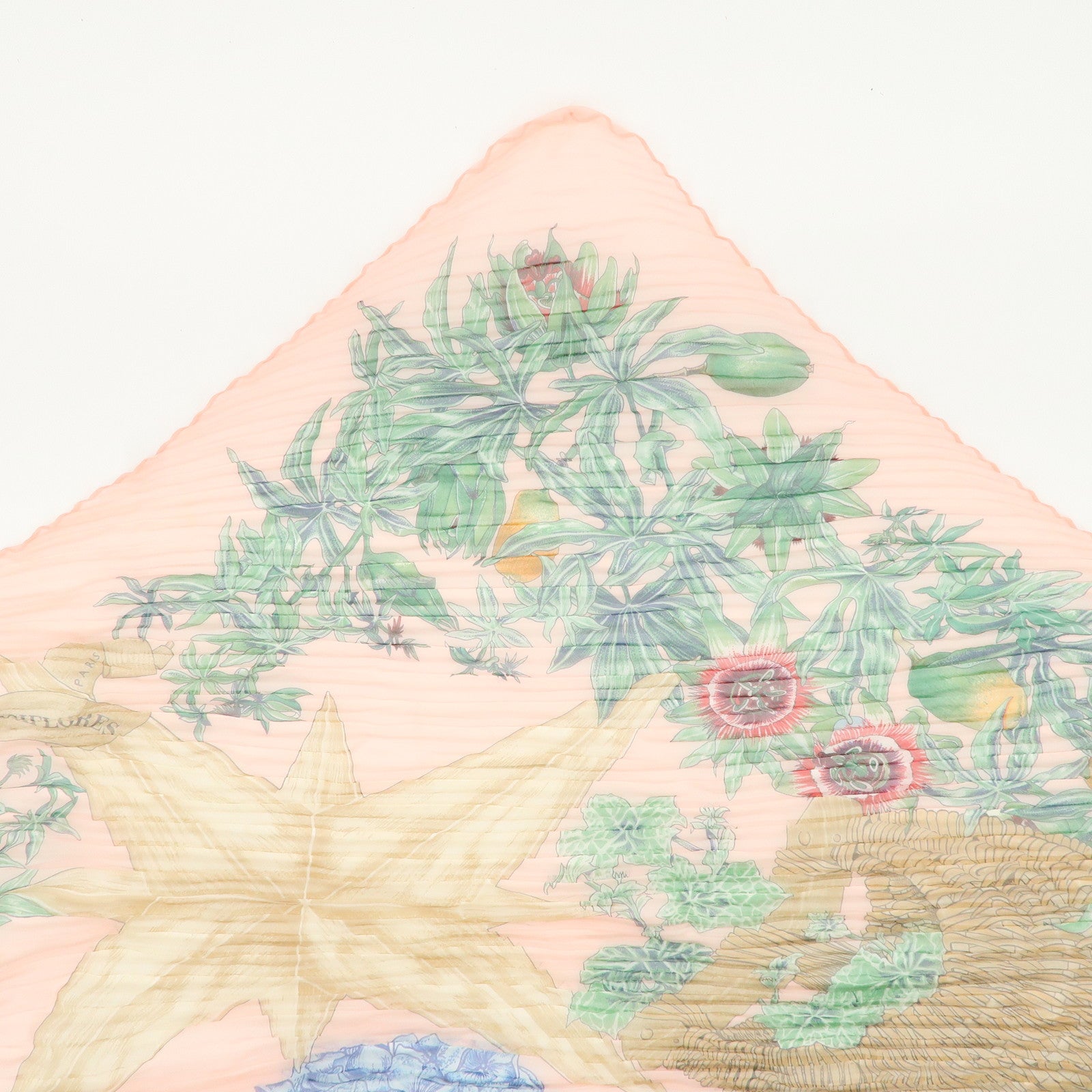 HERMES Pleated Carre Silk 100% Scarf PASSIFLORES Pink Multicolor