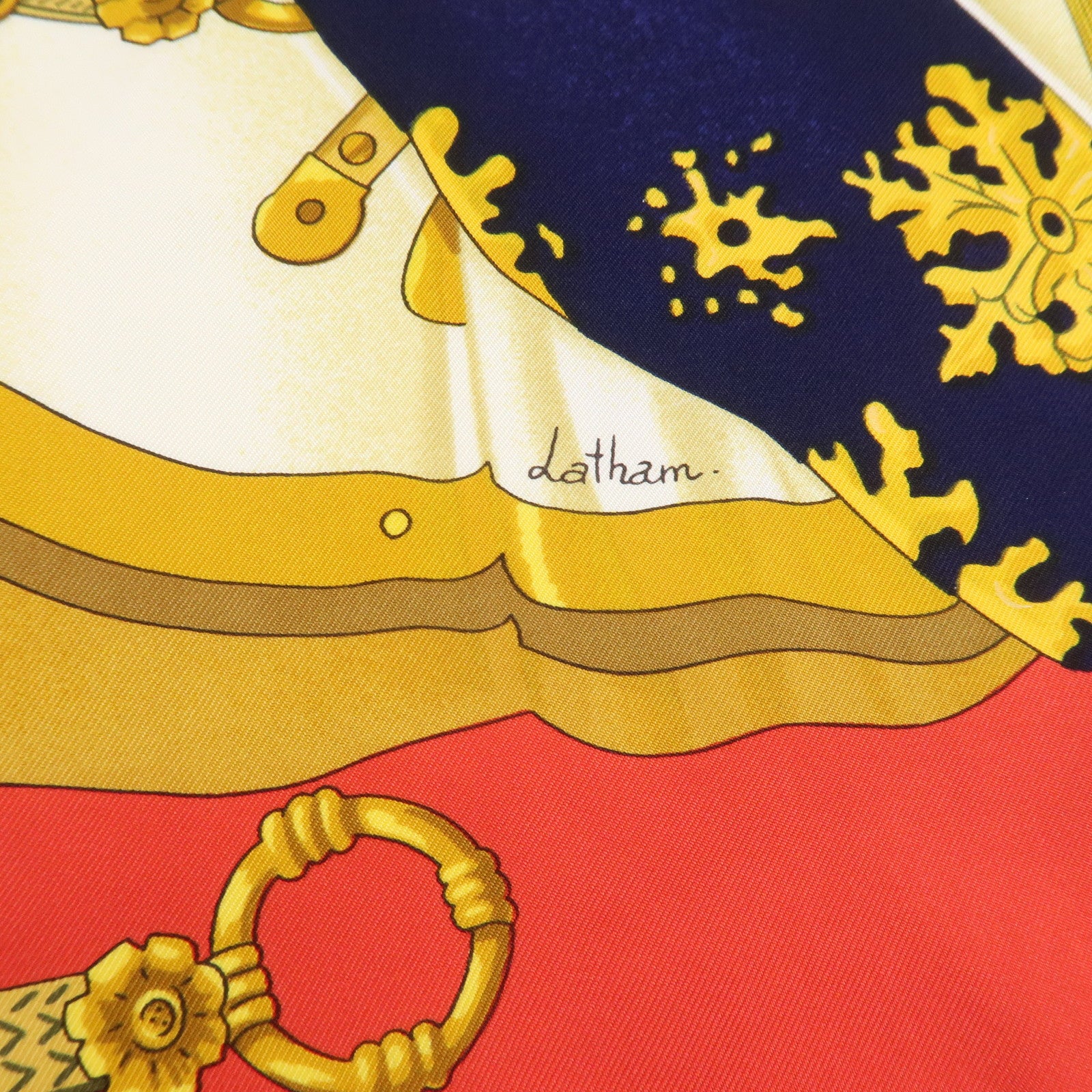 HERMES Carre 90 Silk 100% Scarf Soleil de Soie Gold Red Navy