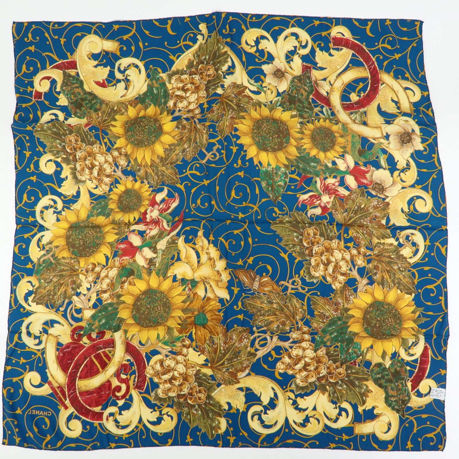 CHANEL Silk 100% Scarf Flower Print Sunflower Blue Gold