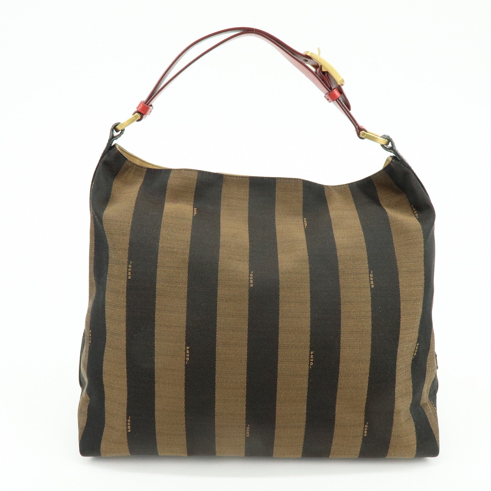 FENDI Pequin Canvas Leather Shoulder Bag Hand Bag Brown Red 8BR653