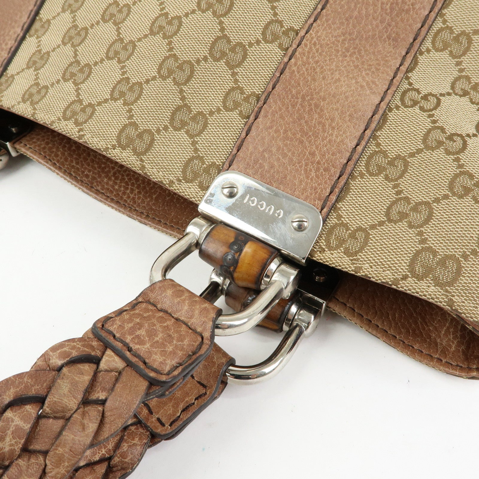 GUCCI Bamboo GG Canvas Leather Tote Bag Hand Bag Beige Brown 232947