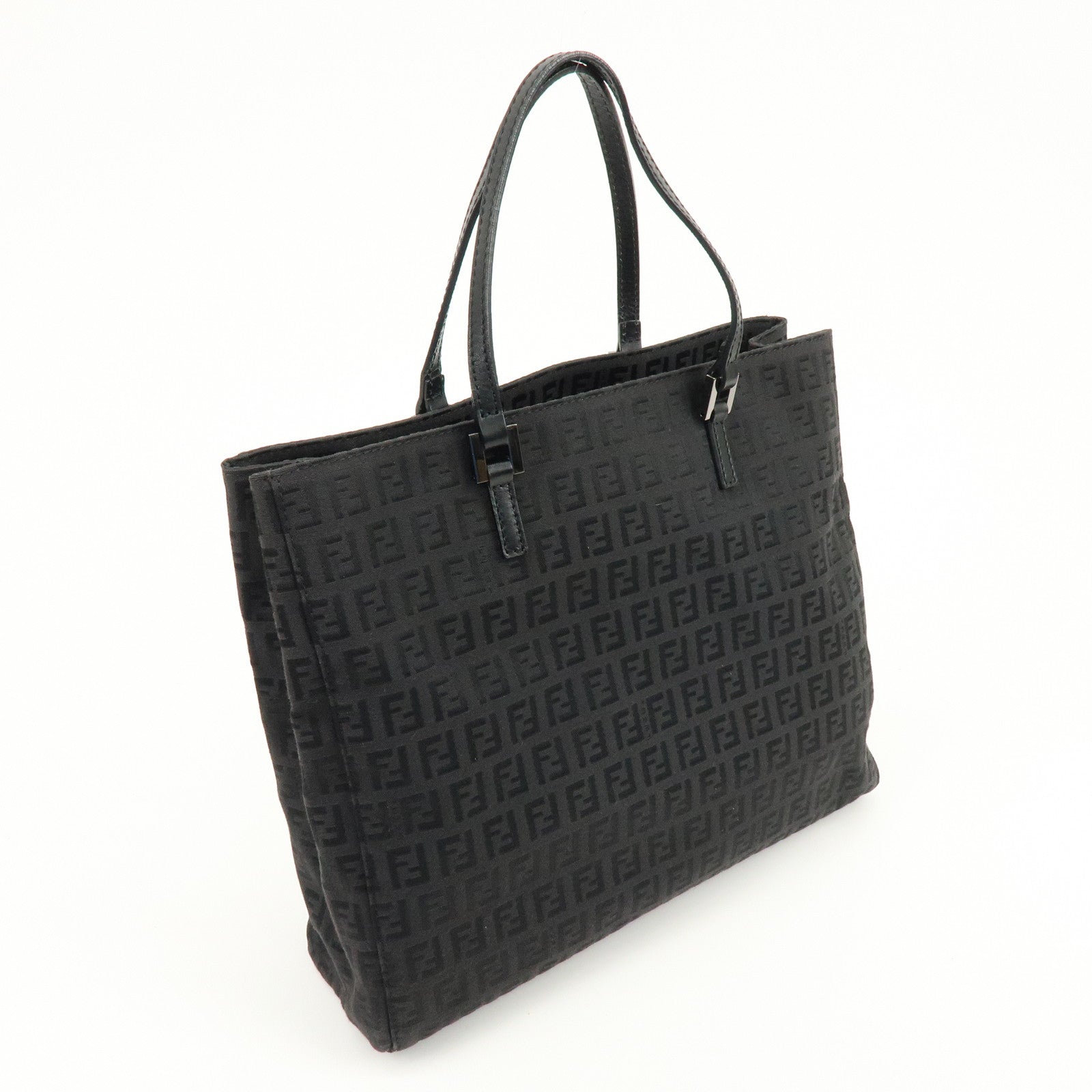 FENDI Zucchino Canvas Leather Tote Bag Shoulder Bag Black 8BH073