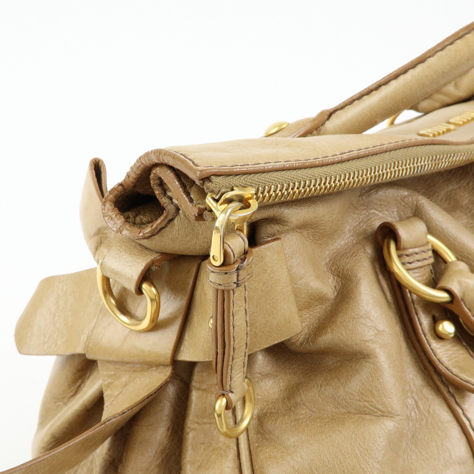 MIU MIU Leather 2Way Bag Hand Bag Shoulder Bag Beige RT0438