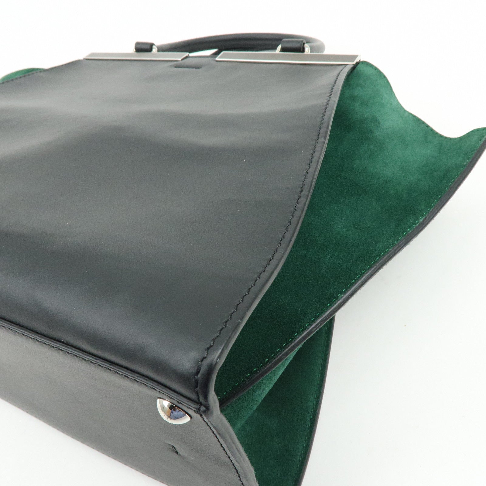 FENDI Trois Jours Leather Suede 2Way Hand Bag Black Green 8BH279