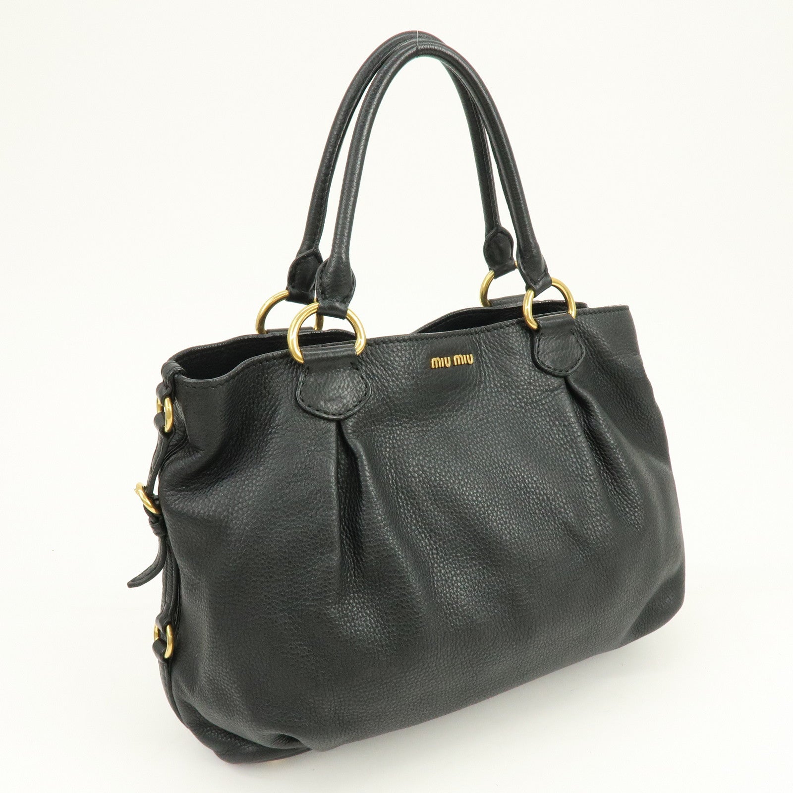 MIU MIU Logo Leather Tote Bag Shoulder Bag Black Gold
