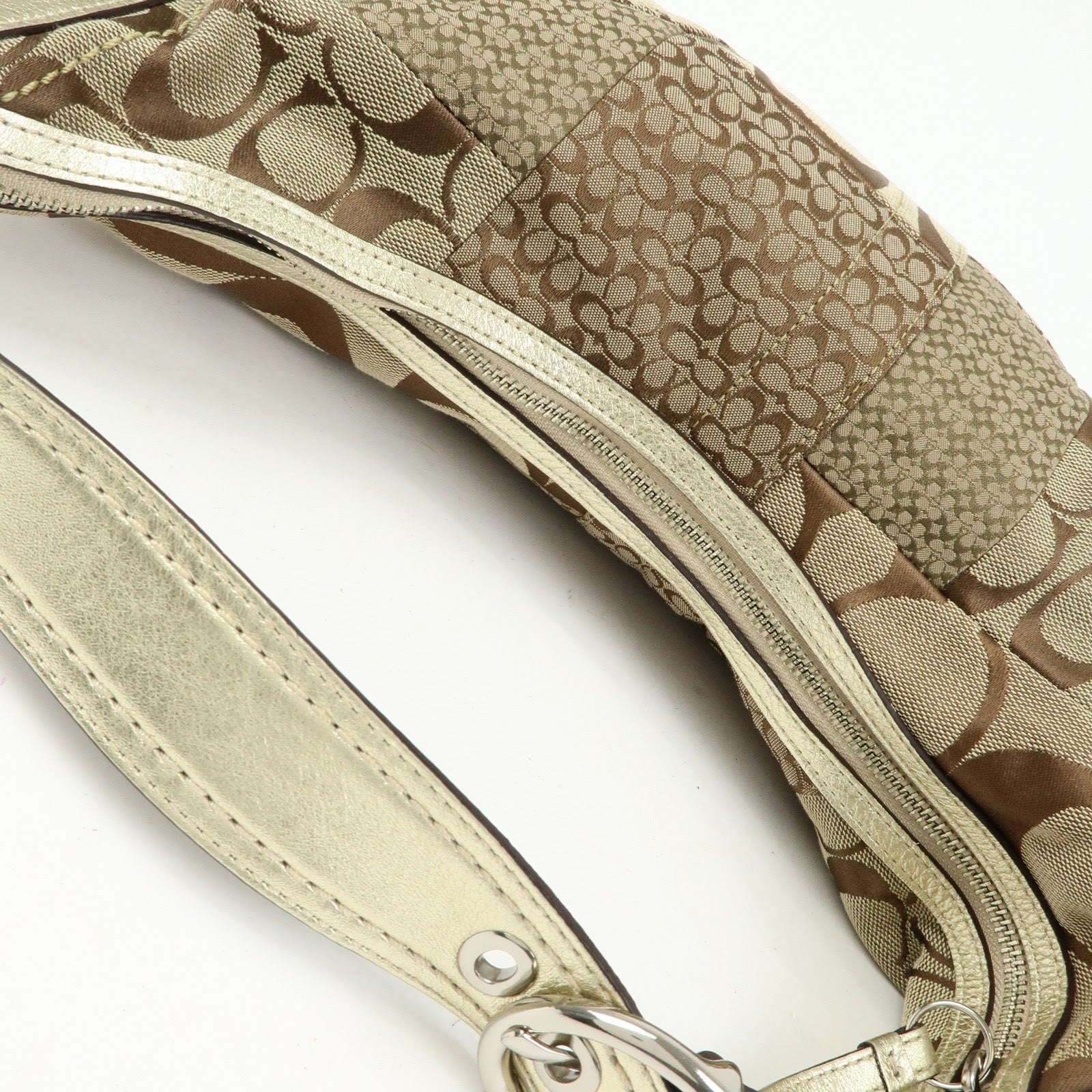 COACH Signature Patchwork Canvas Leather Shoulder Bag Beige Gold