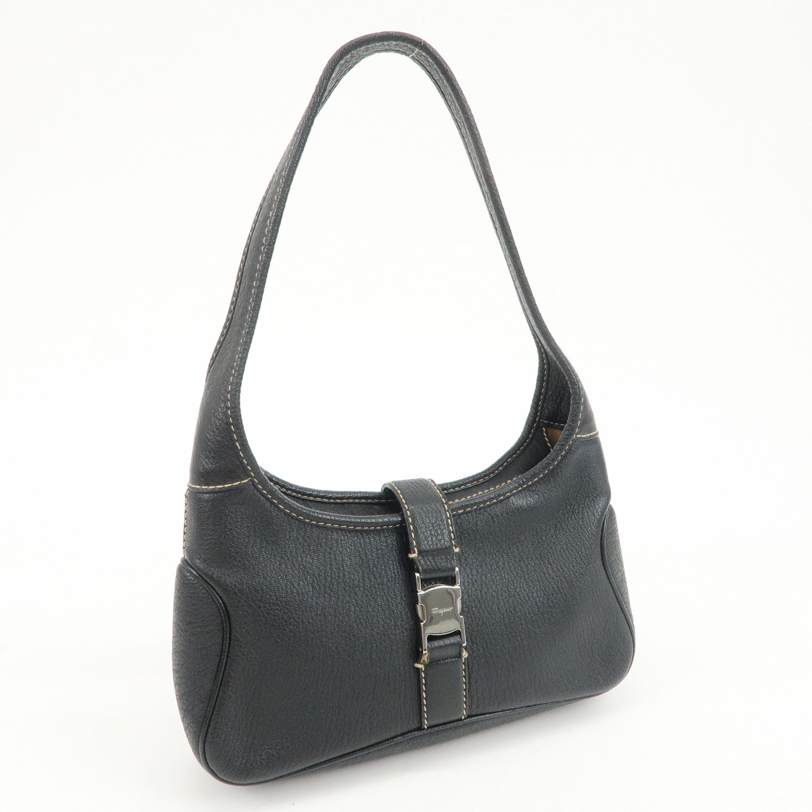 Ferragamo Logo Leather Shoulder Bag Hand Bag Black