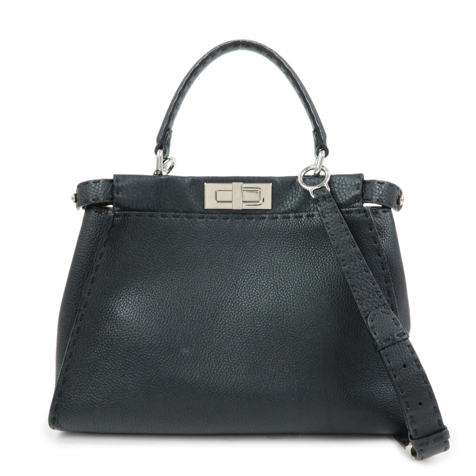 FENDI Peekaboo Selleria Leather 2Way Hand Shoulder Bag Black 8BN290