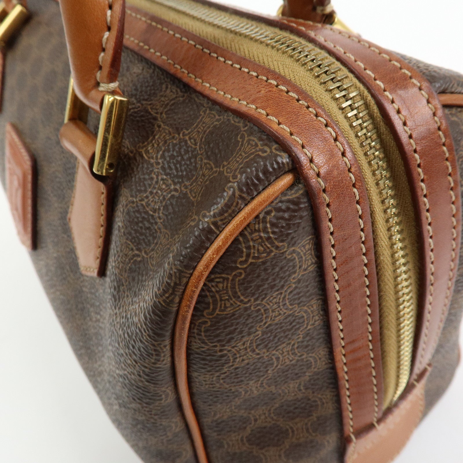 CELINE Logo Macadam PVC Leather Boston Bag Hand Bag Brown