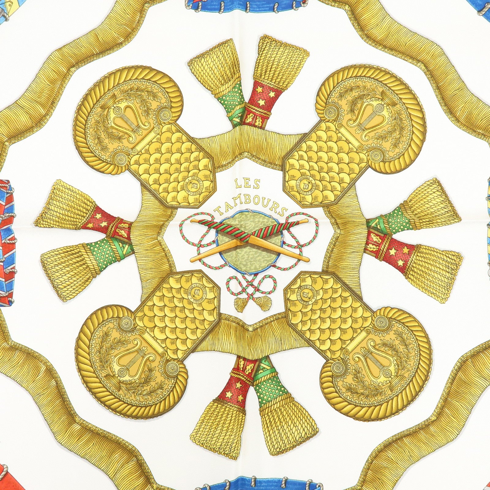HERMES Carre 90 Silk 100% Scarf LES TAMBOURS Red Gold