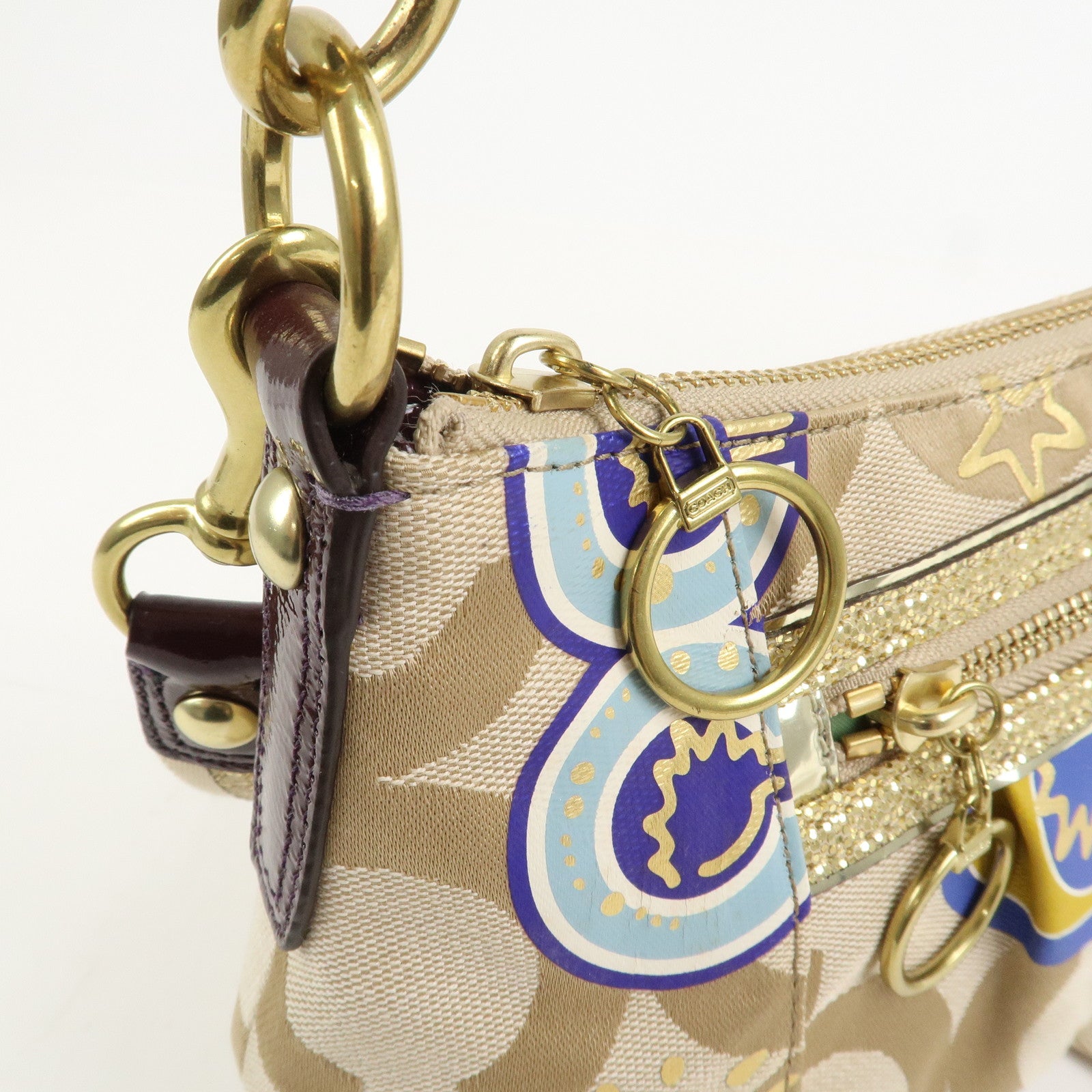 COACH POPPY Canvas Patent Leather 2Way Shoulder Bag Hand Bag Beige