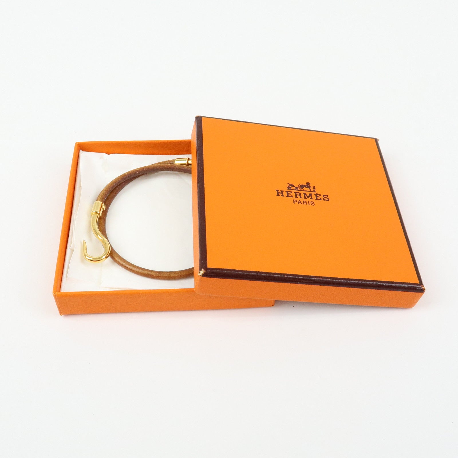 HERMES Jumbo Choker Leather Metal Bracelet Brown Gold