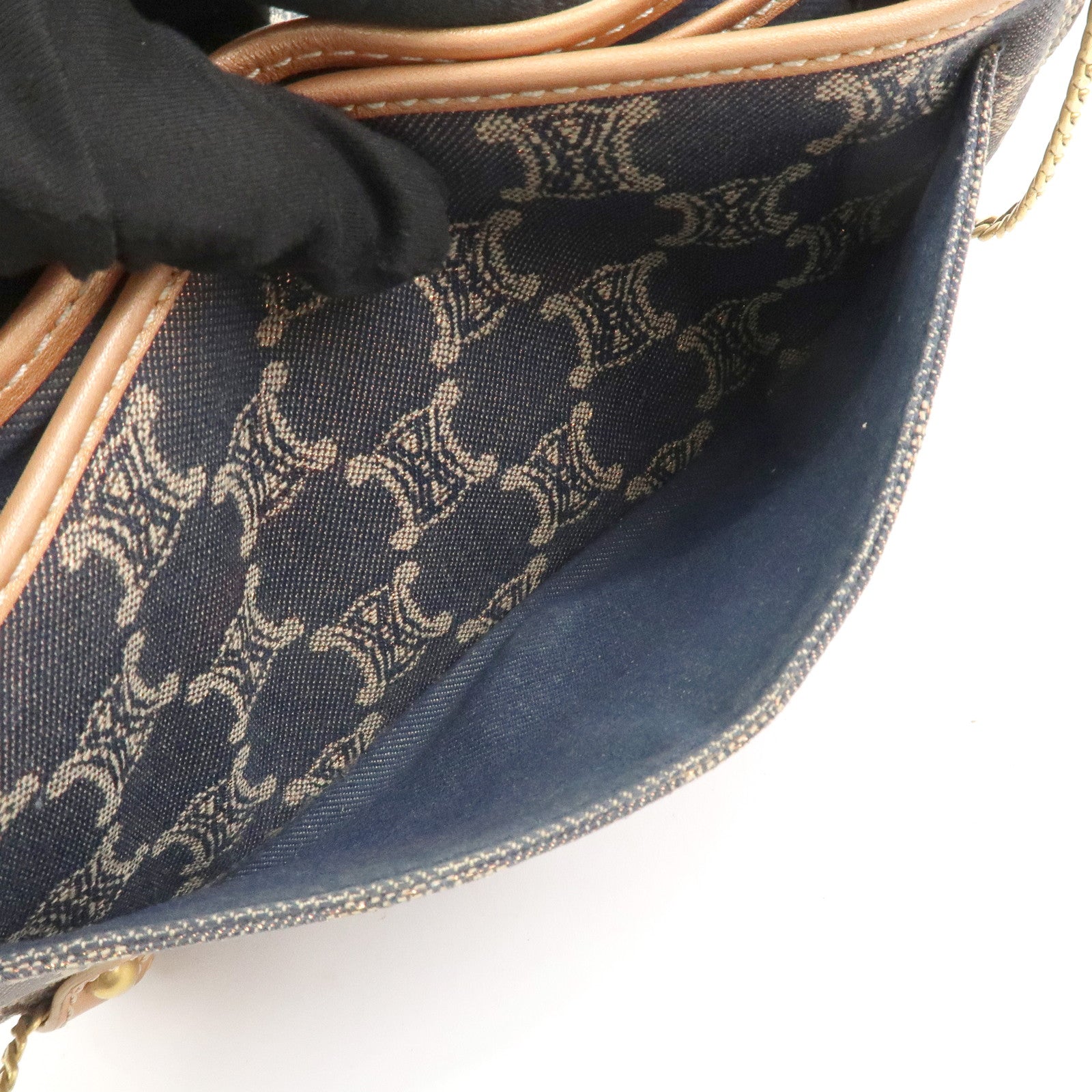 CELINE Macadam Denim Leather Shoulder Bag Hand Bag Light Brown