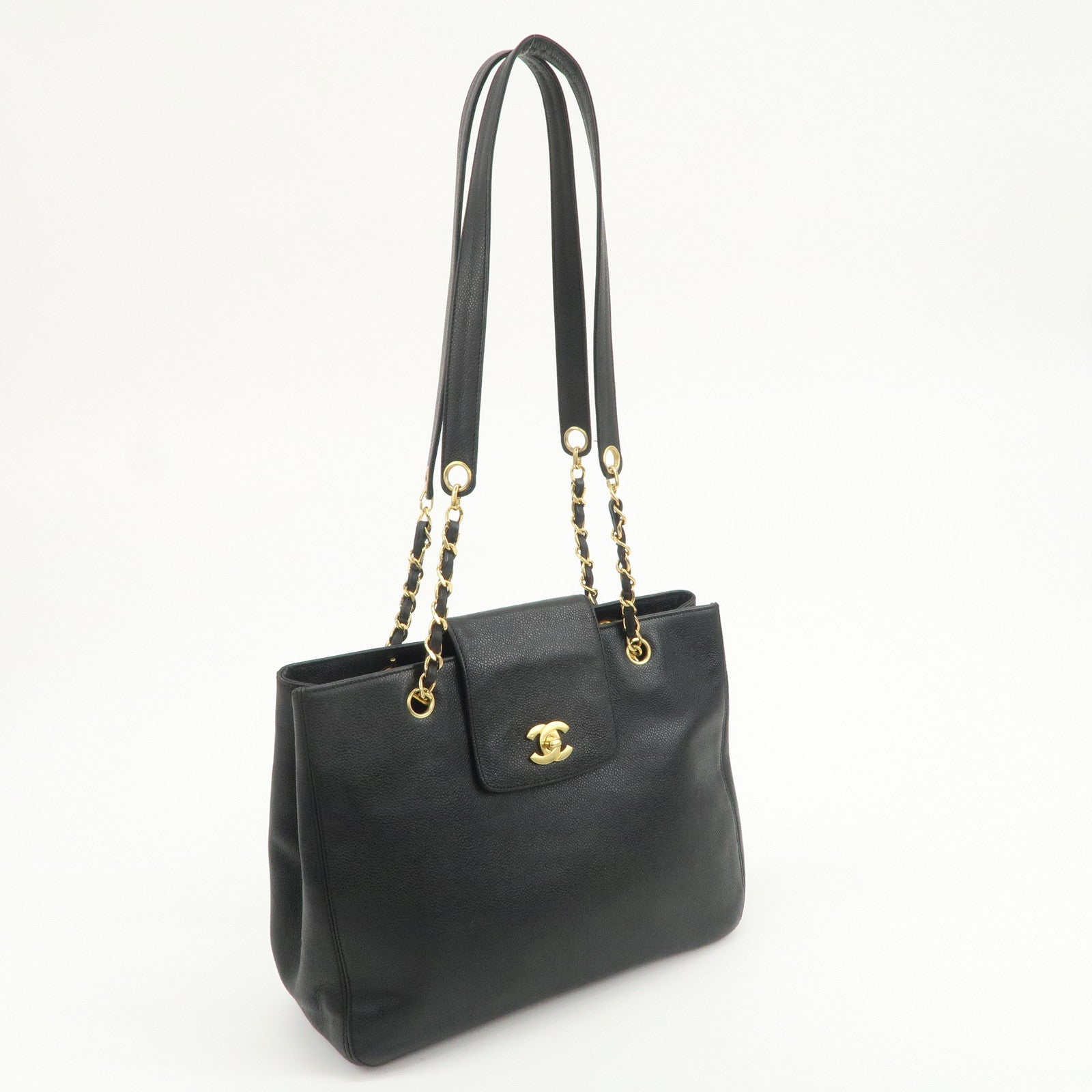 CHANEL COCO Mark Caviarskin Chain Tote Bag Shoulder Bag Black Gold