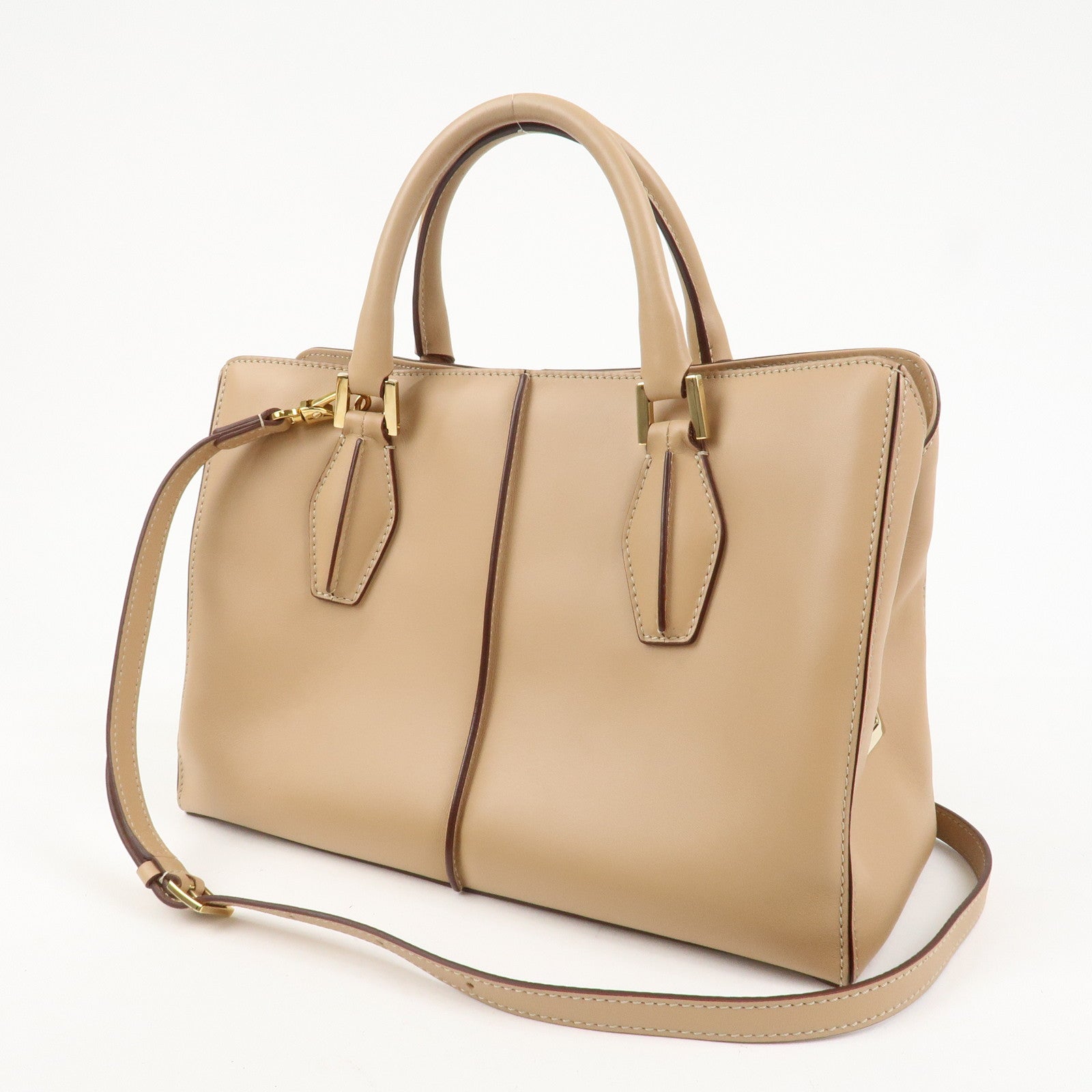 TOD’S Leather 2Way Bag Hand Bag Shoulder Bag Beige Gold