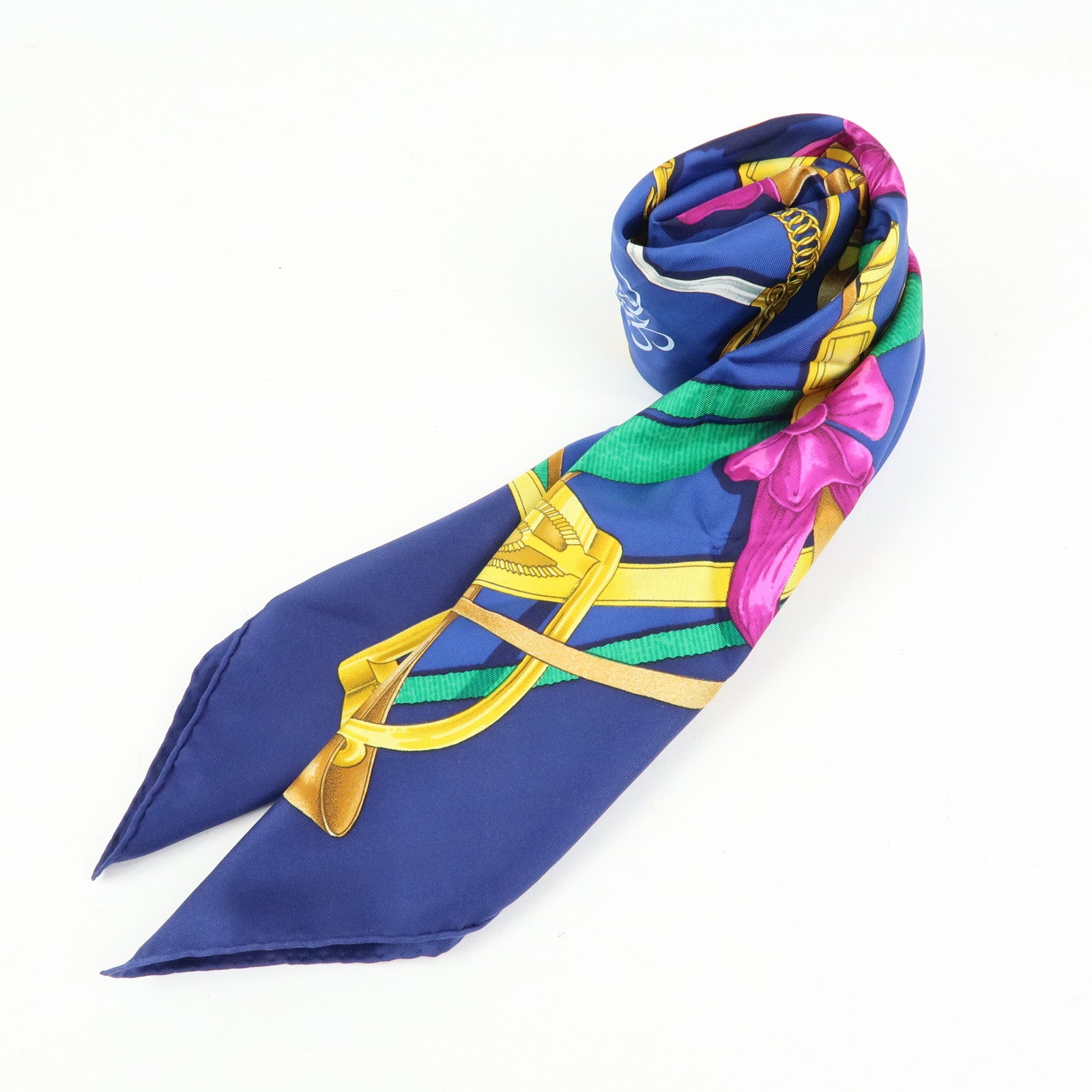 HERMES Carre 90 Silk 100% Scarf Grand Manege Navy Gold